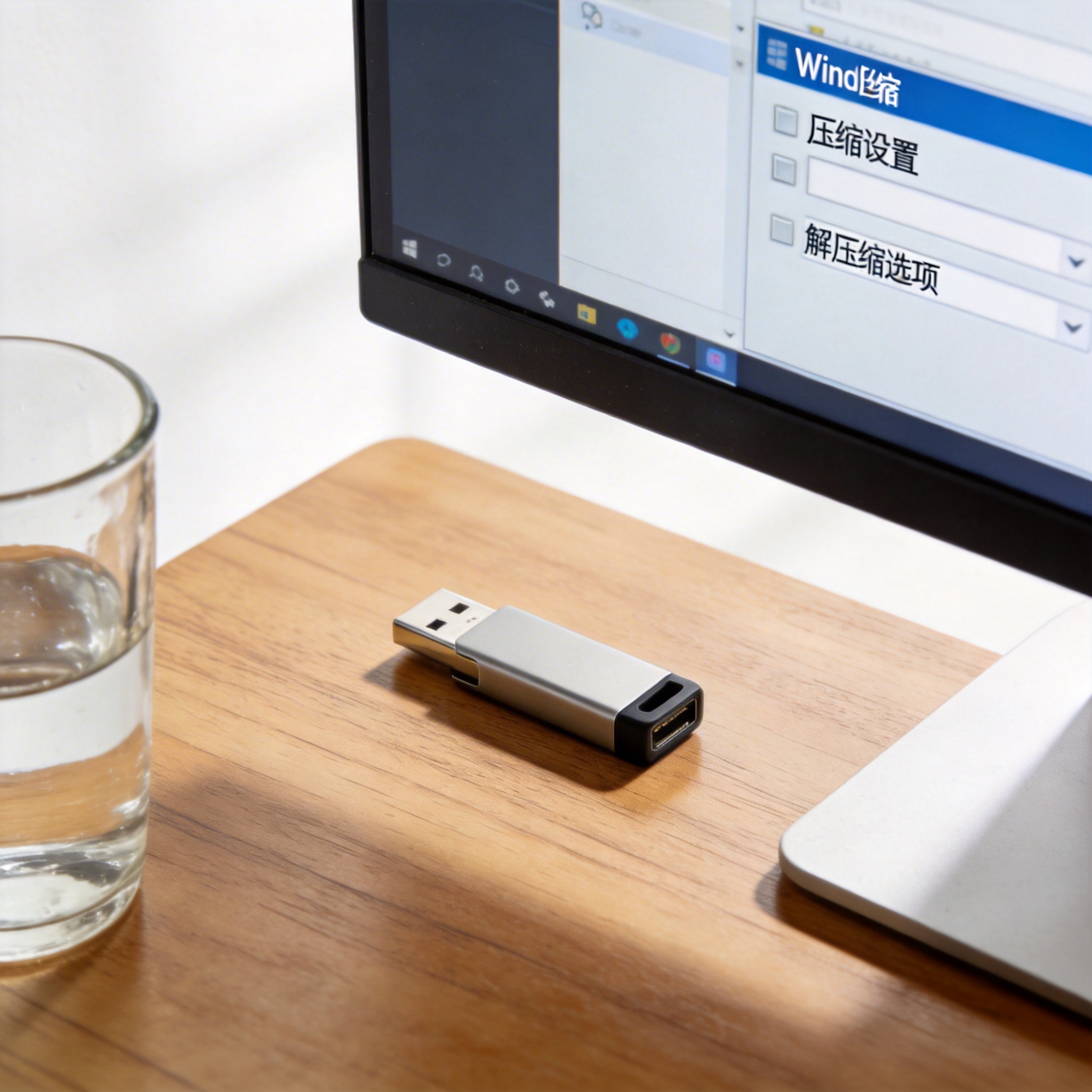 书桌上的U盘，屏幕显示电脑 win 压缩解压缩软件设置界面，桌角放着水杯，自然光