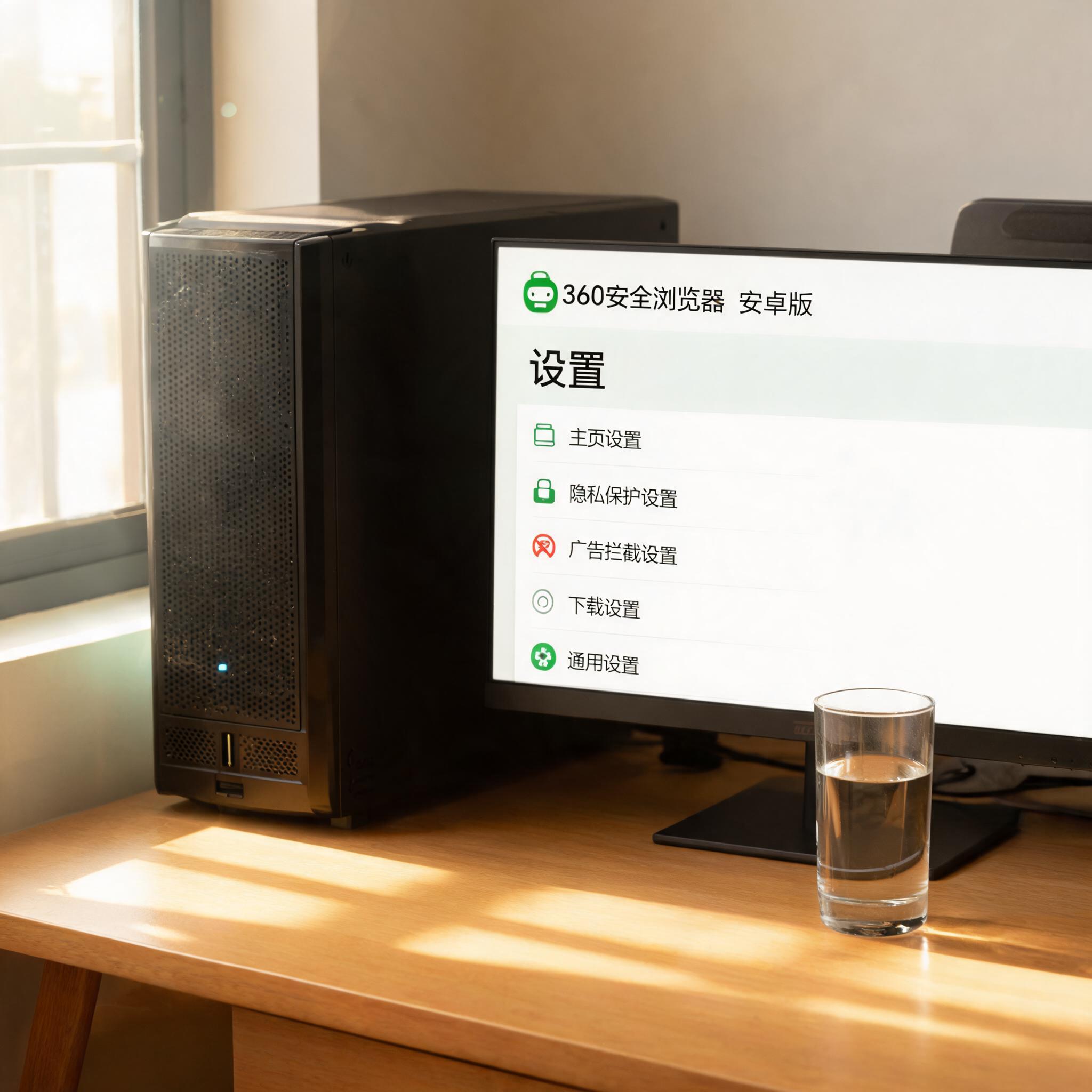 书桌上的主机，屏幕显示360 安全浏览器安卓版设置界面，桌角放着水杯，自然光