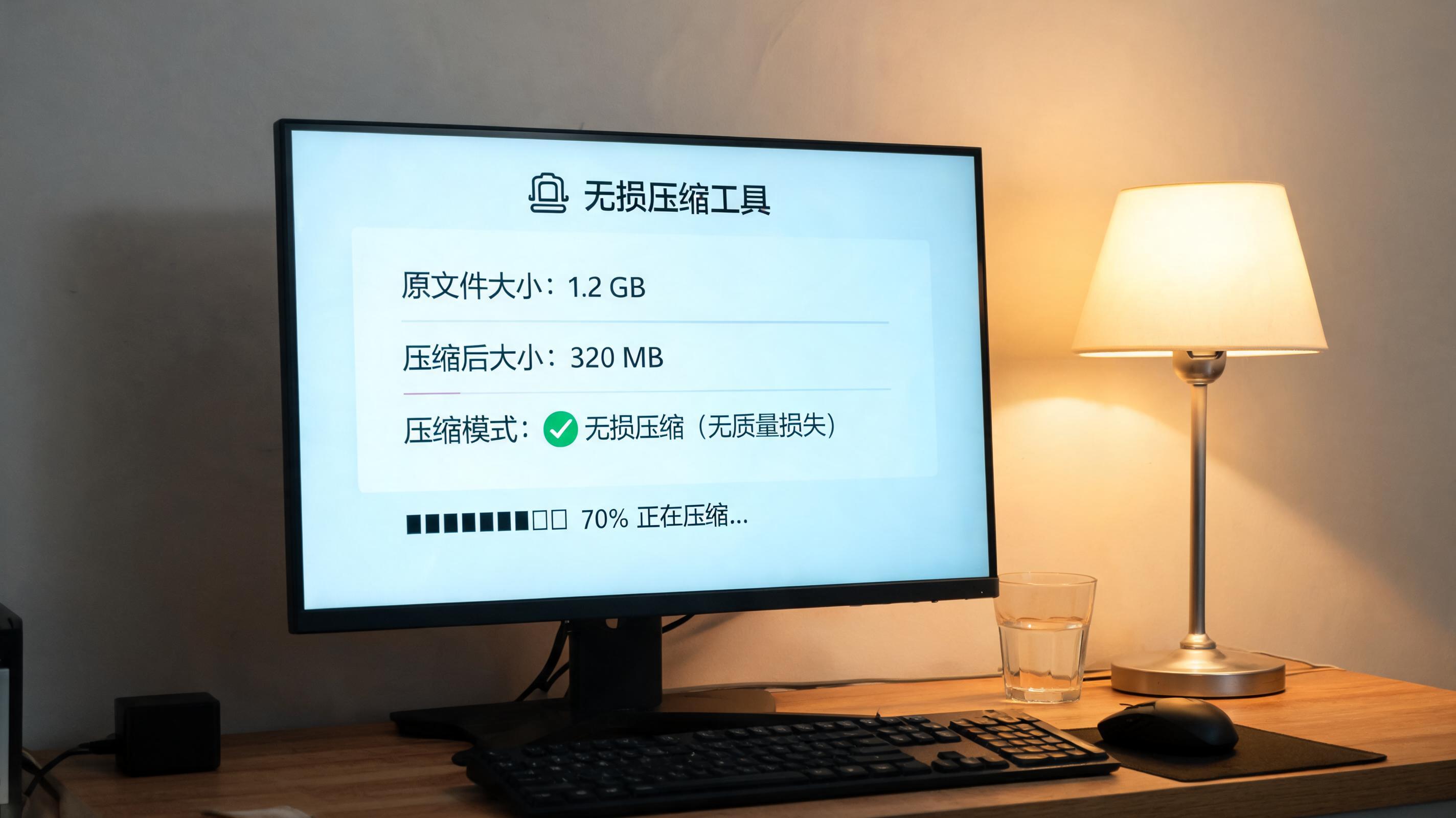 电脑桌上的电脑，屏幕显示压缩文件变小无损压缩界面，旁边放着台灯