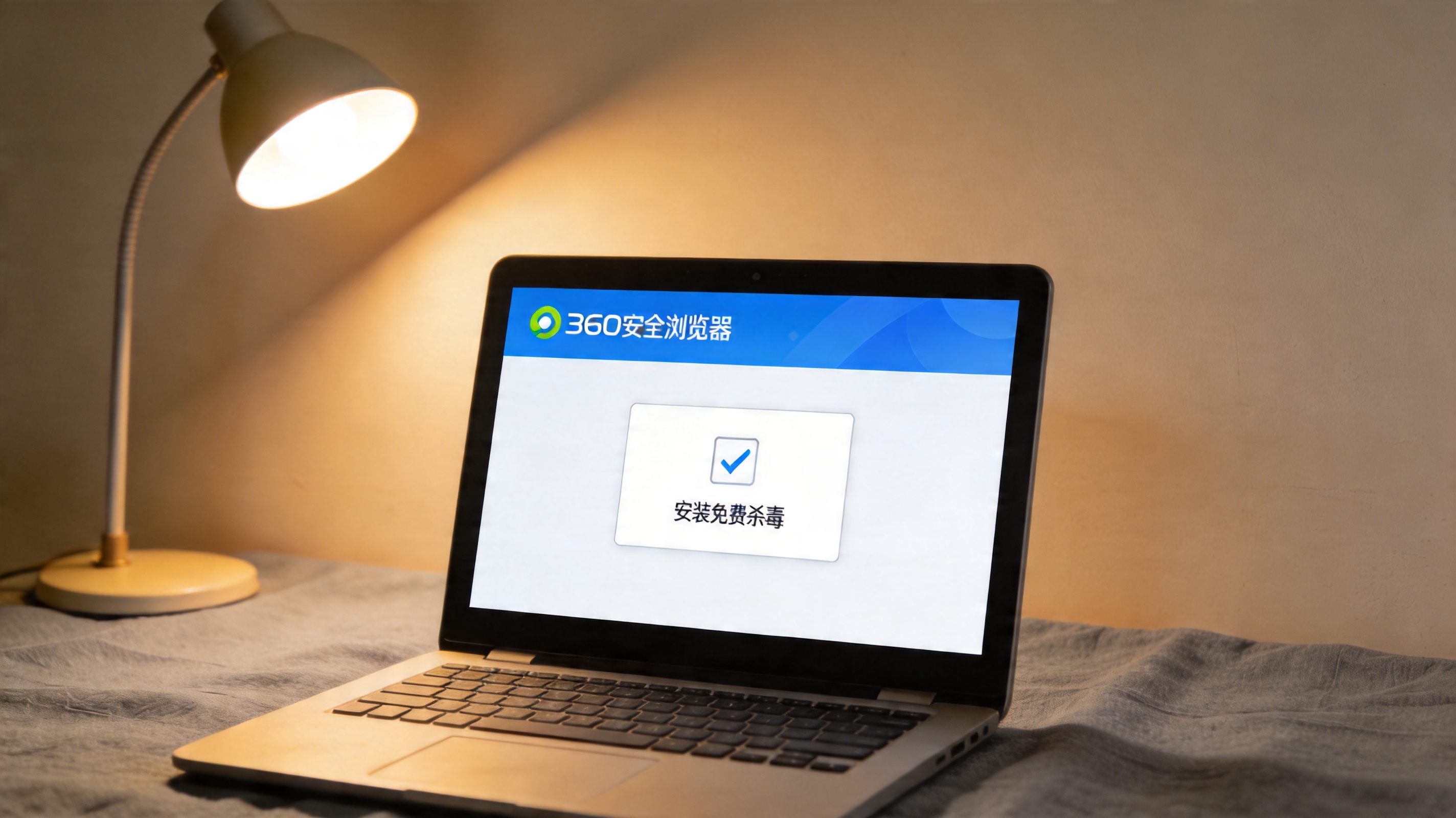 电脑屏幕显示360安全浏览器安装界面，界面上有“安装免费杀毒”的勾选框，桌面铺着浅灰色桌布，台灯暖光