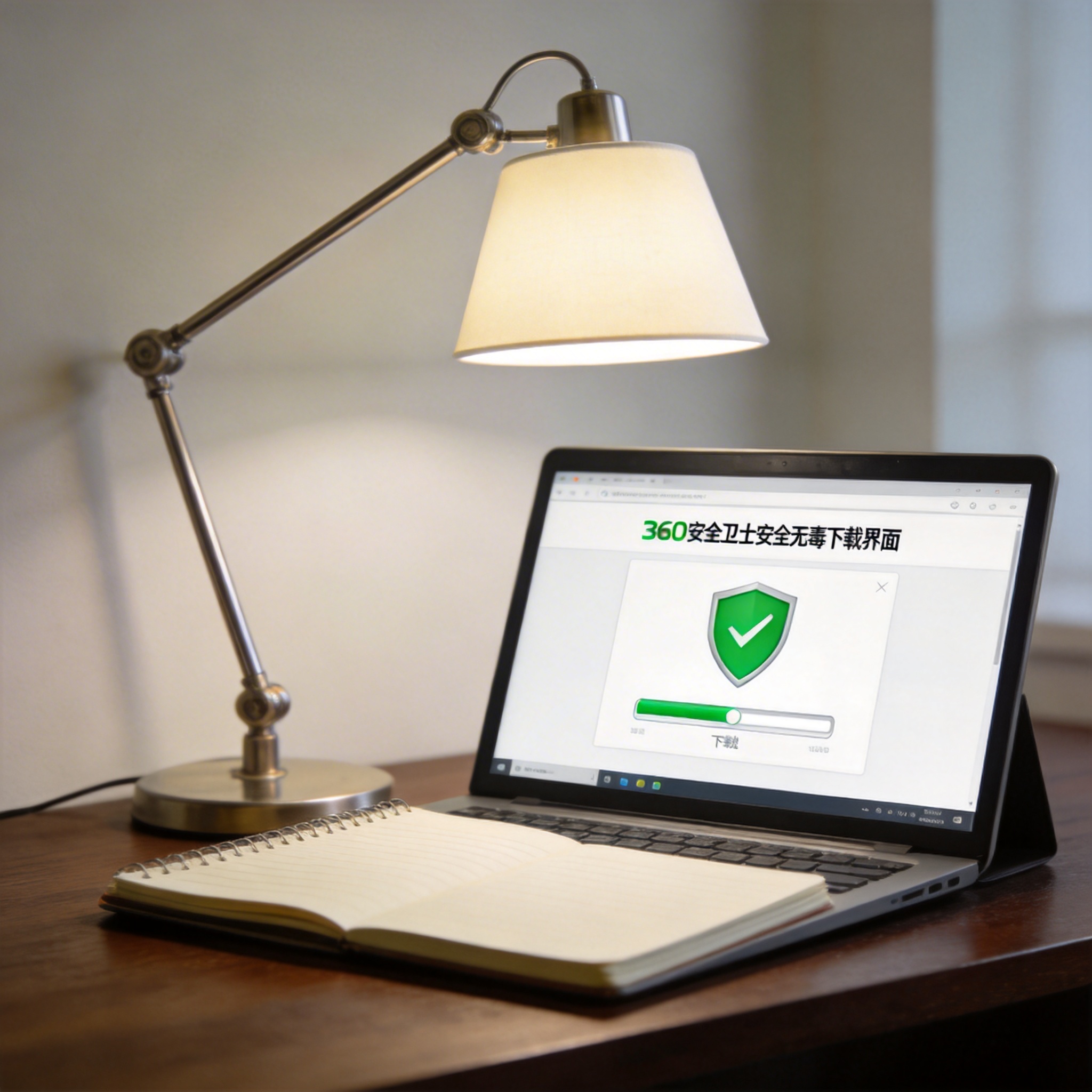 电脑桌上的笔记本，屏幕显示360 安全卫士安全无毒下载界面，旁边放着台灯