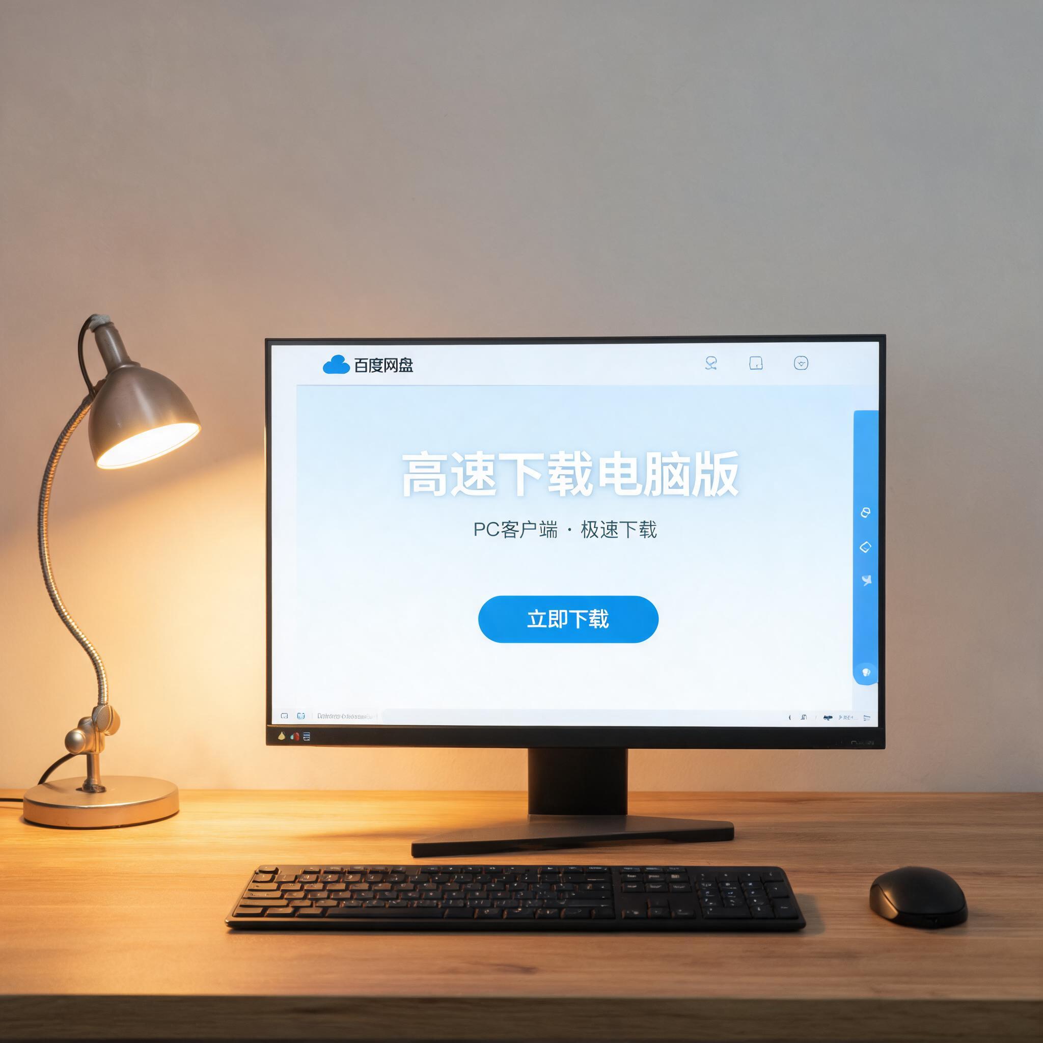 电脑桌上的电脑，屏幕显示百度网盘高速下载电脑版界面，旁边放着台灯