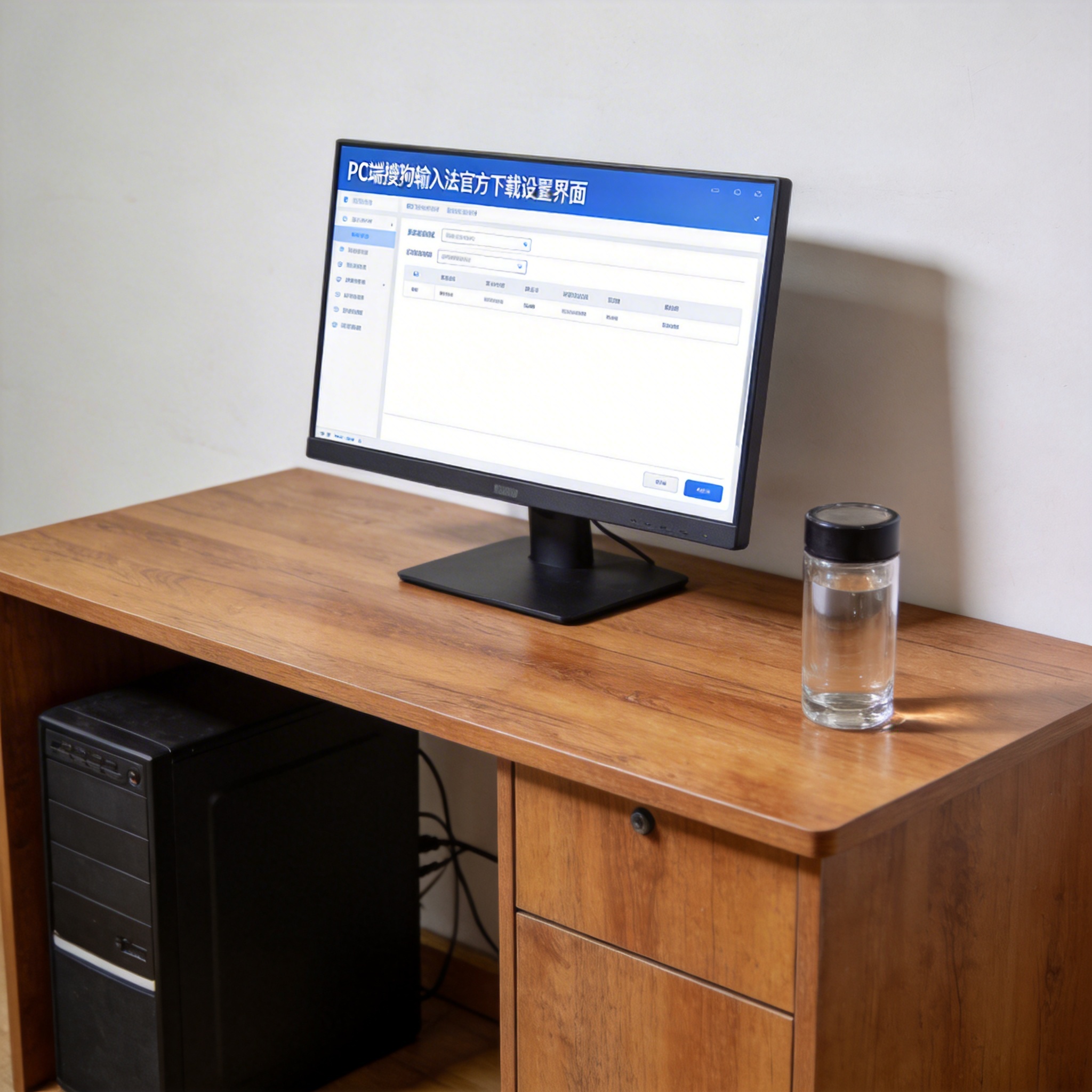 书桌上的主机，屏幕显示PC 端搜狗输入法官方下载设置界面，桌角放着水杯，自然光