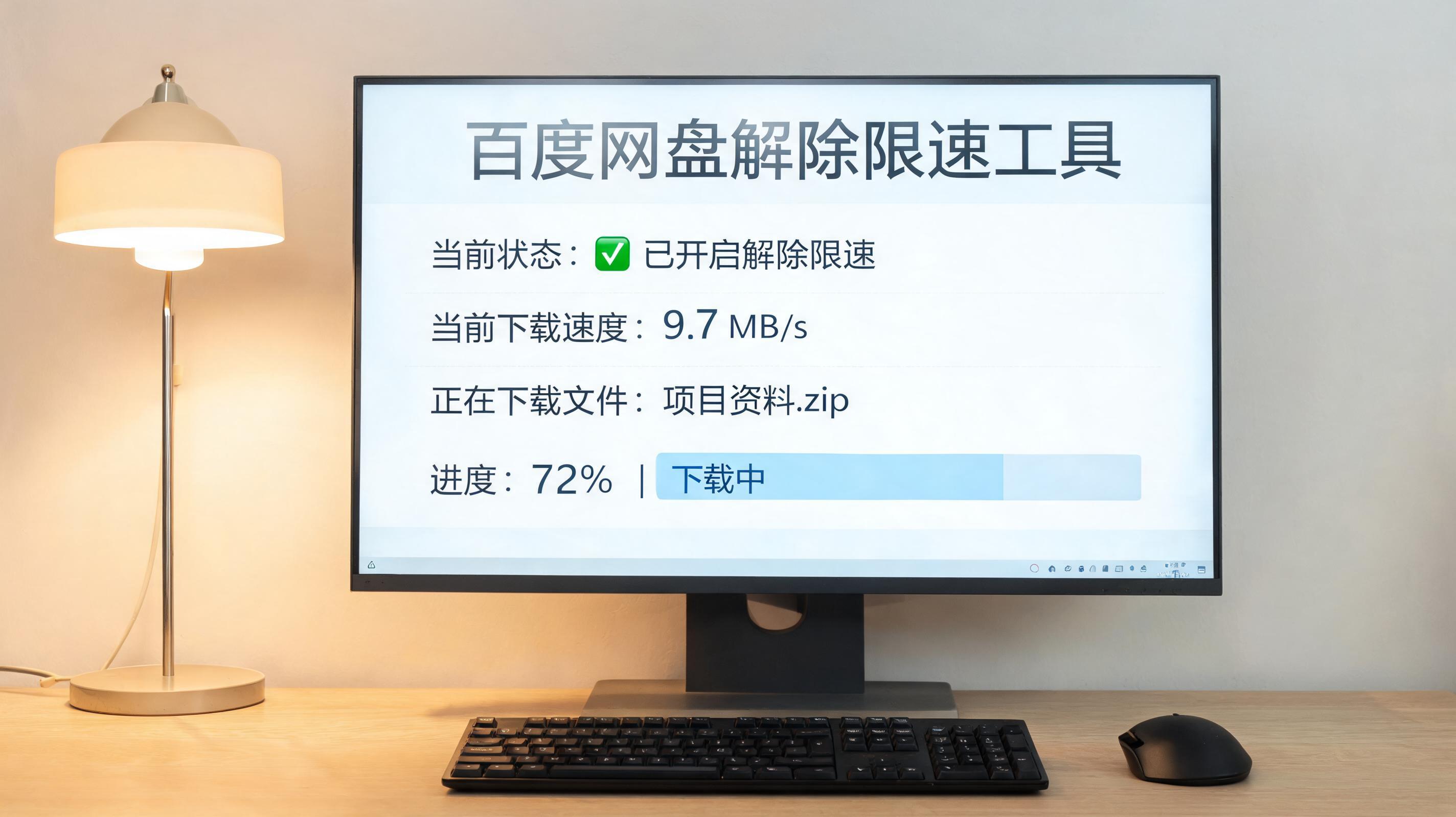 电脑桌上的电脑，屏幕显示百度网盘解除限速工具界面，旁边放着台灯