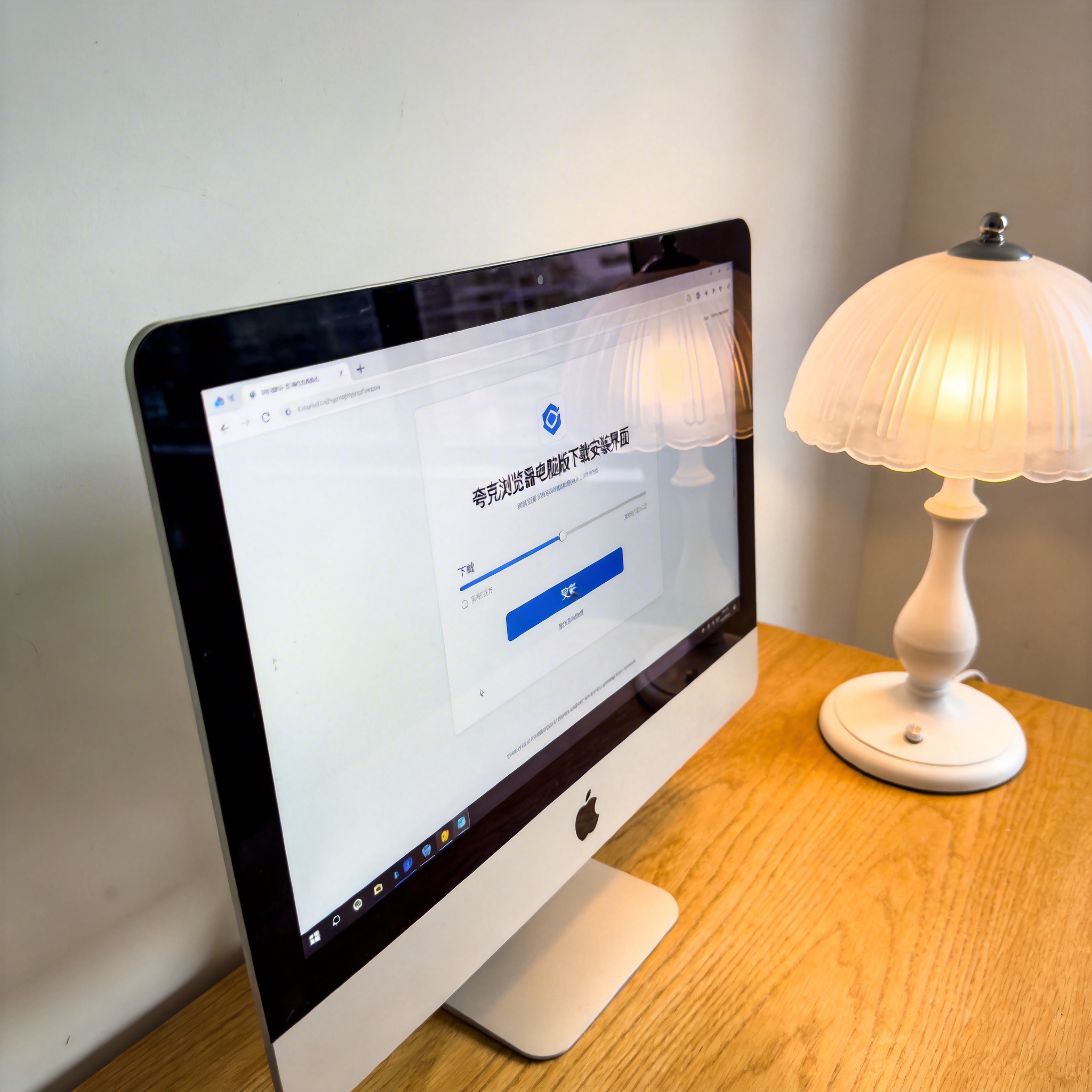 电脑桌上的电脑，屏幕显示夸克浏览器电脑版下载安装界面，旁边放着台灯