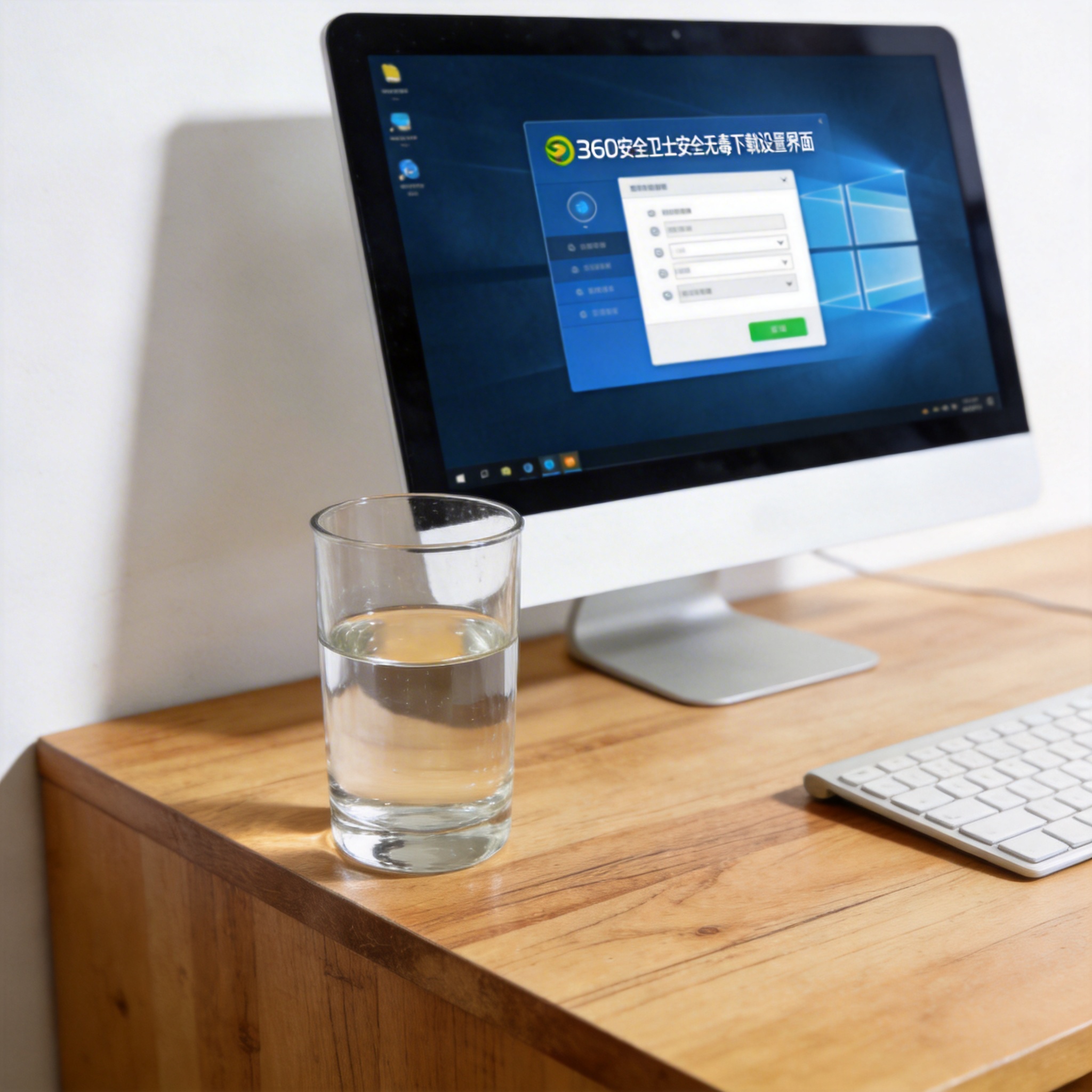 书桌上的电脑，屏幕显示360 安全卫士安全无毒下载设置界面，桌角放着水杯，自然光