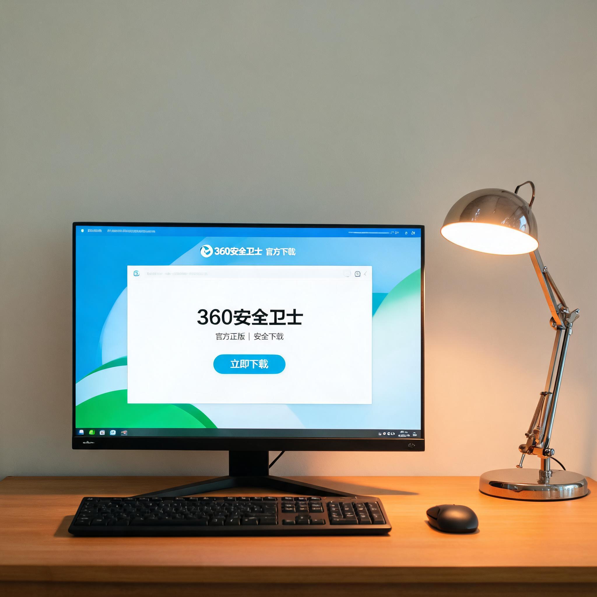 电脑桌上的电脑，屏幕显示360 官方安全卫士下载窗口，旁边放着台灯