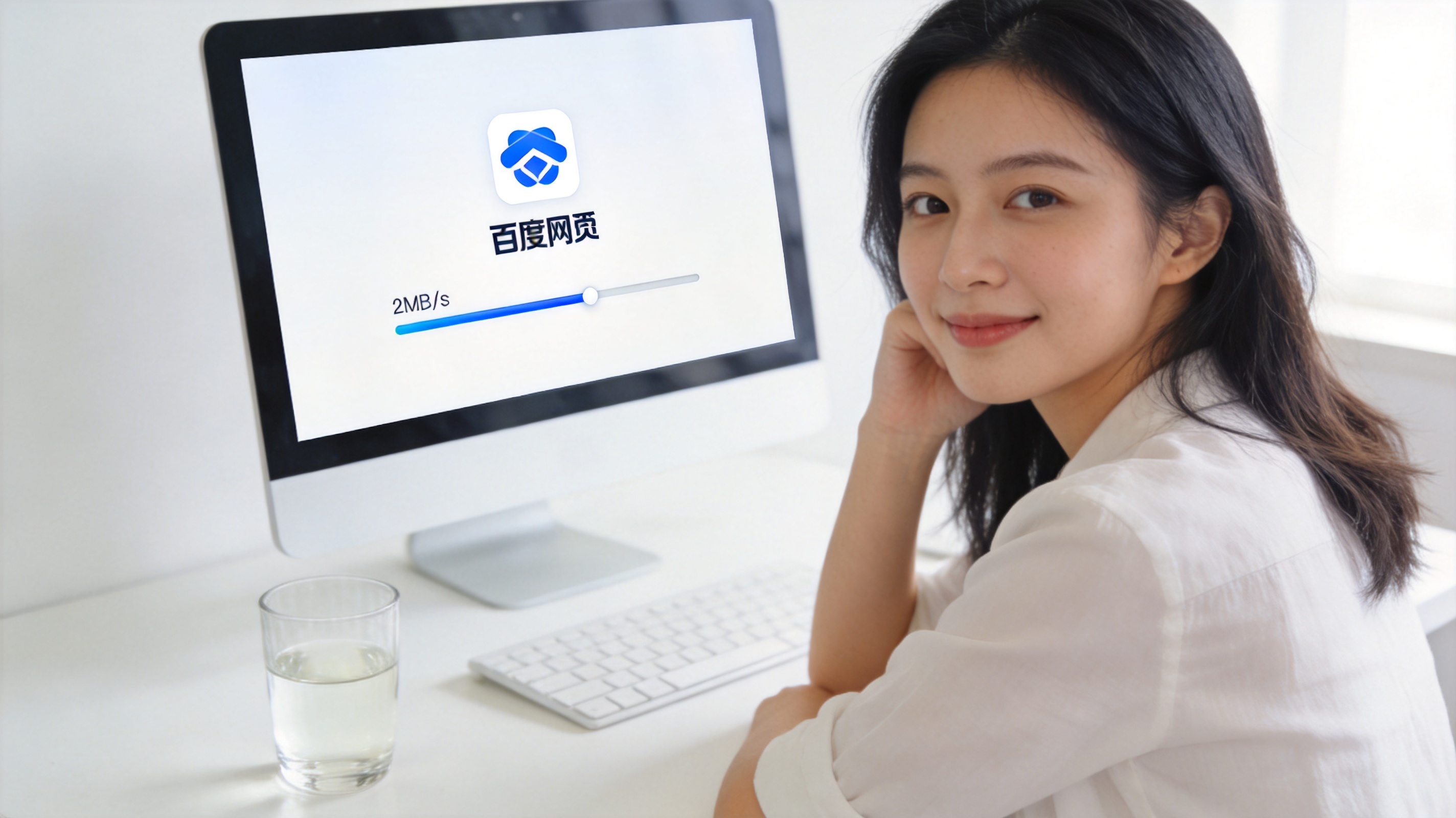 电脑桌面，屏幕显示百度网盘APP下载界面，进度条旁标注每秒2MB下载速度，桌面放着半杯凉白开，室内自然光