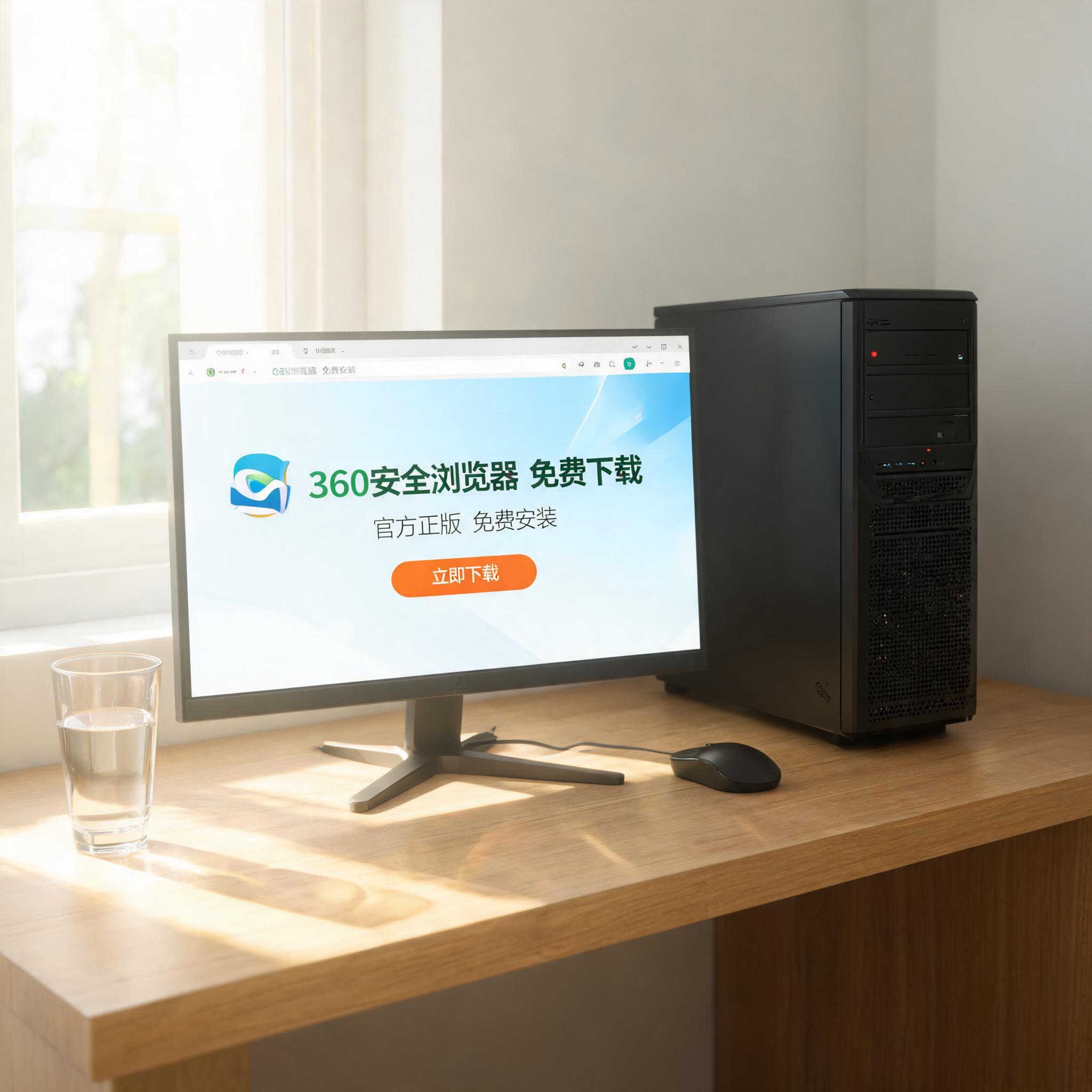 书桌上的主机，屏幕显示360 浏览器免费下载设置界面，桌角放着水杯，自然光