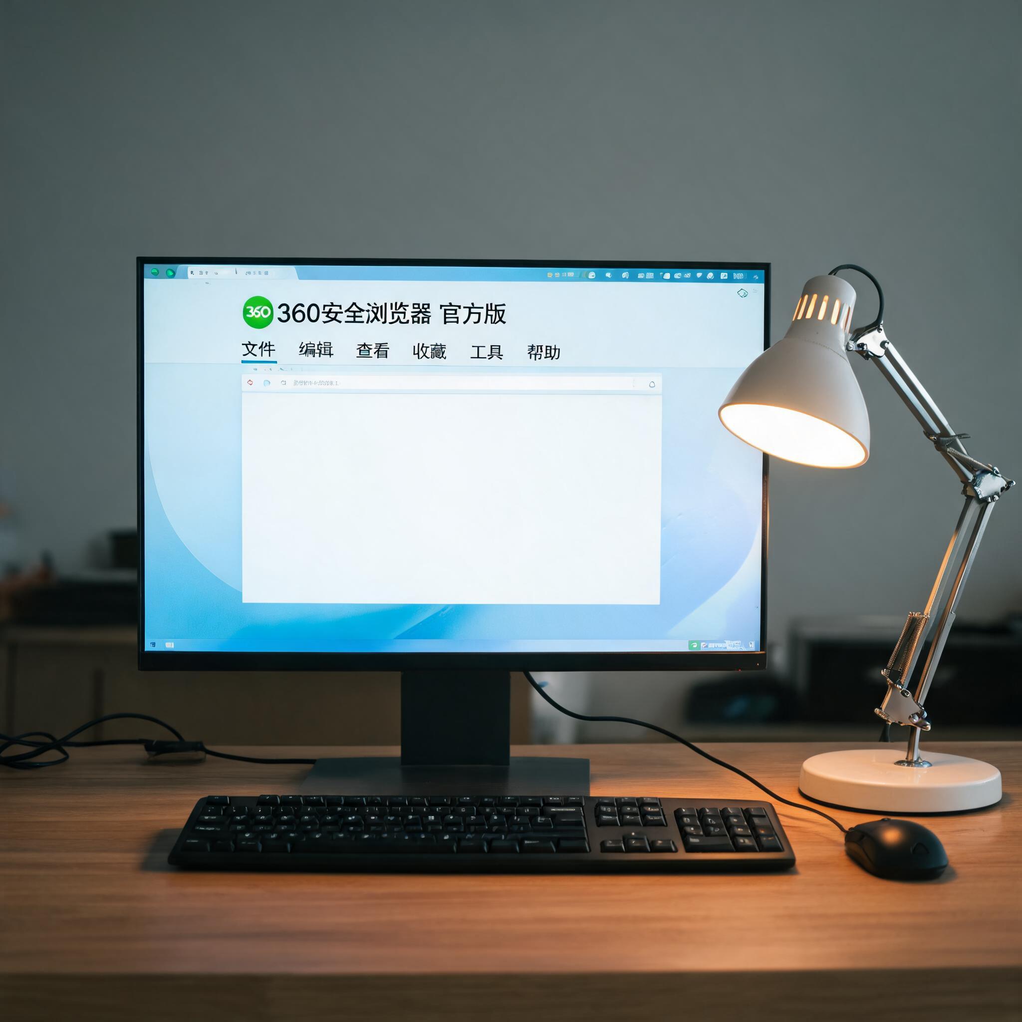 电脑桌上的电脑，屏幕显示360 安全浏览器官方版菜单，旁边放着台灯