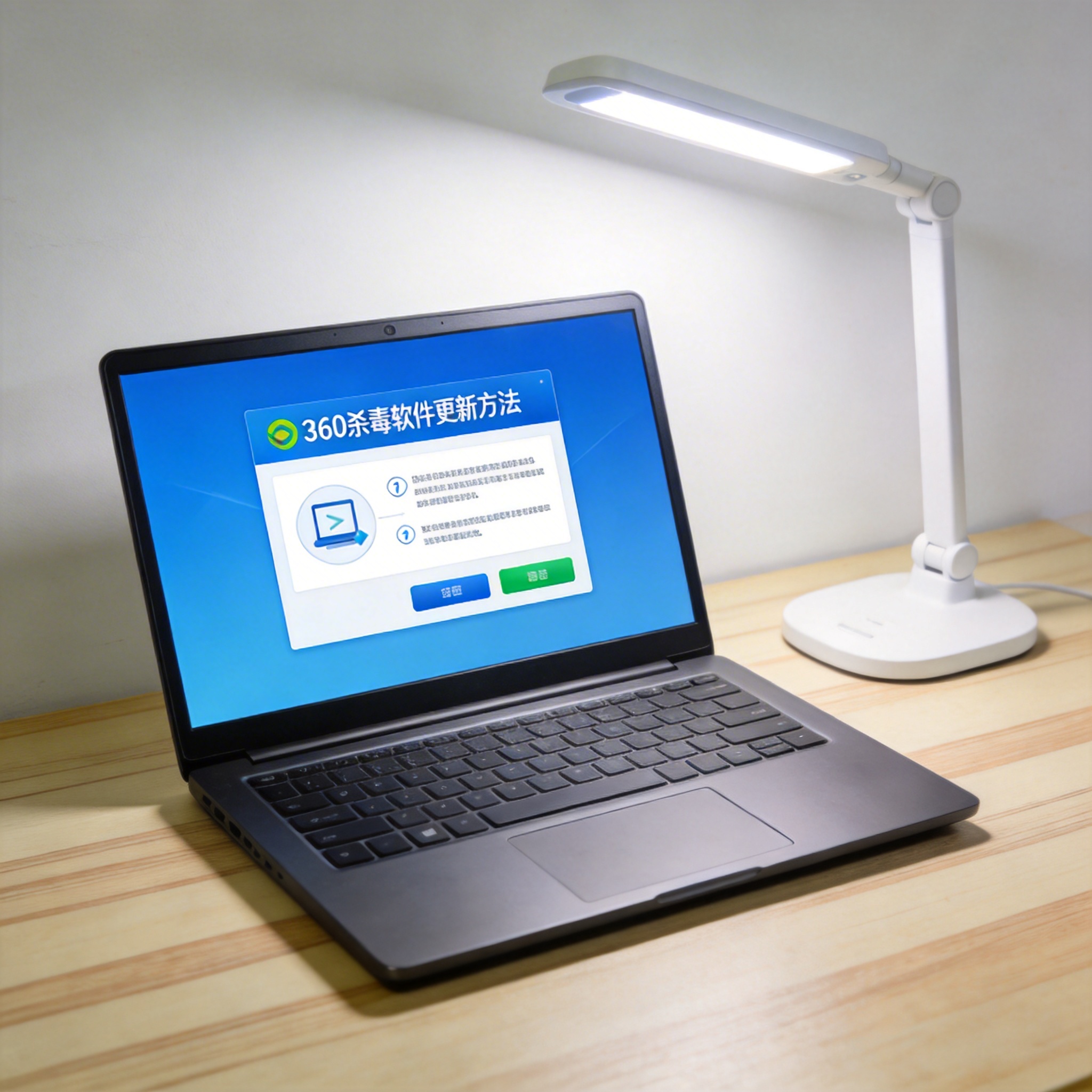 电脑桌上的电脑，屏幕显示360 杀毒软件更新方法界面，旁边放着台灯