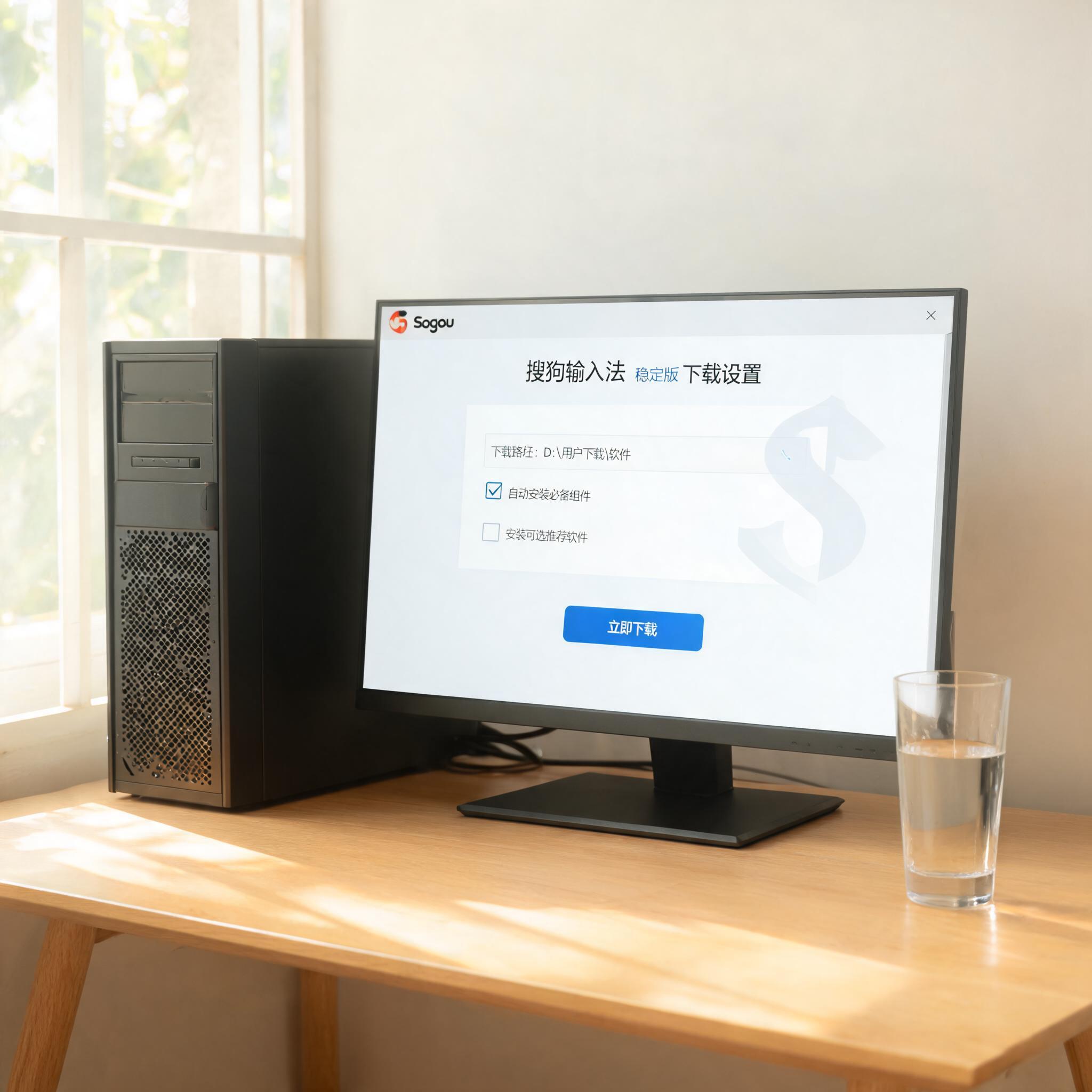 书桌上的主机，屏幕显示搜狗输入法稳定版下载设置界面，桌角放着水杯，自然光