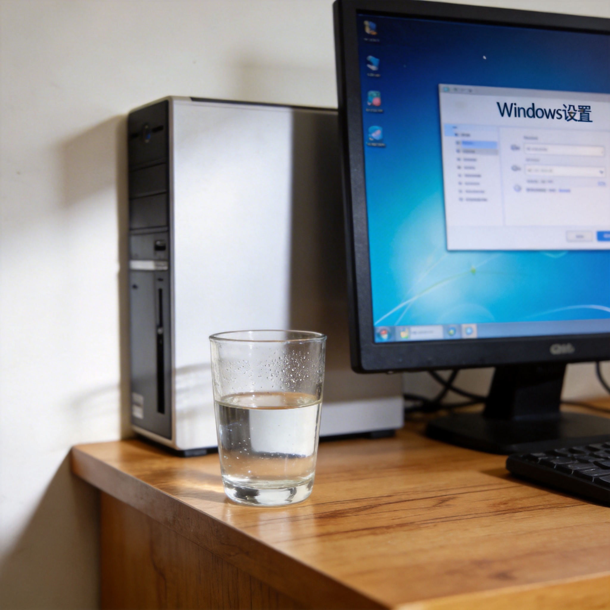 书桌上的主机，屏幕显示Windows设置界面，桌角放着水杯，自然光