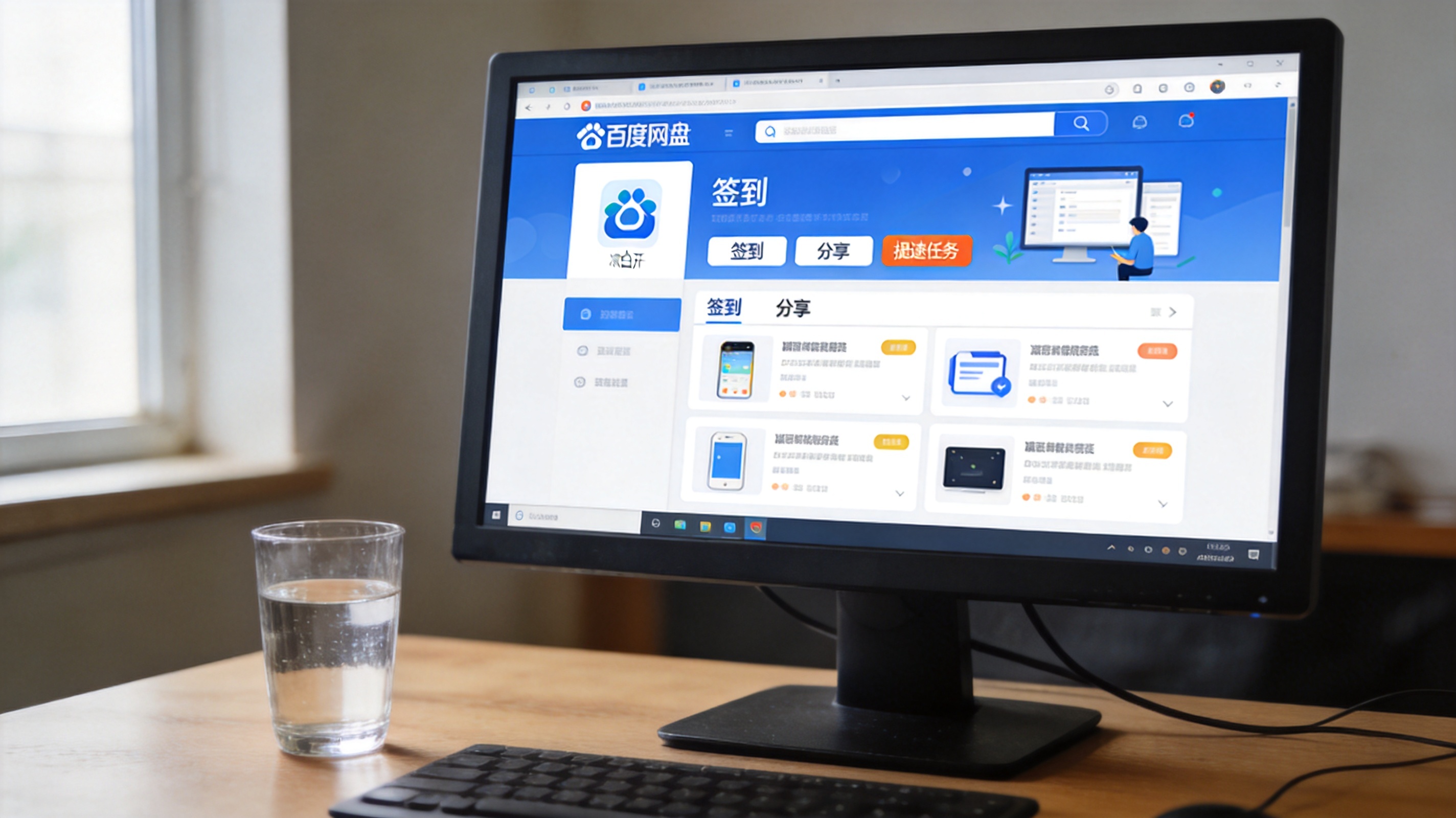 电脑桌面，屏幕显示百度网盘客户端首页，页面上有签到、分享等提速任务入口，旁边放着半杯凉白开，室内自然光