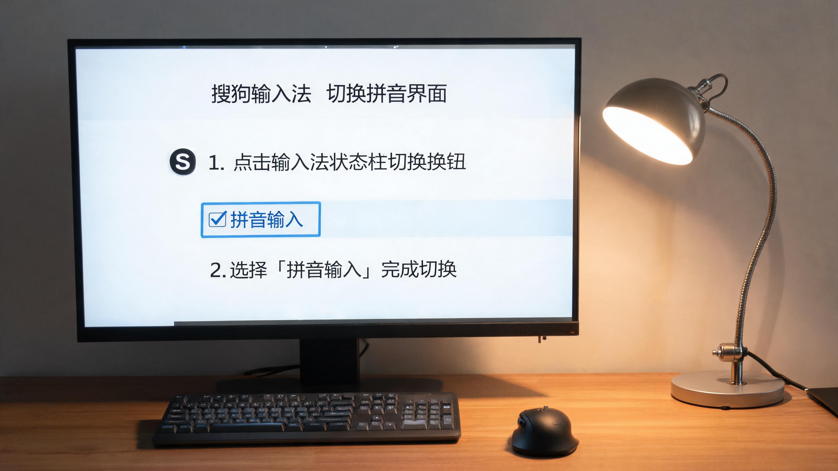 电脑桌上的鼠标，屏幕显示搜狗输入法如何切换拼音界面，旁边放着台灯