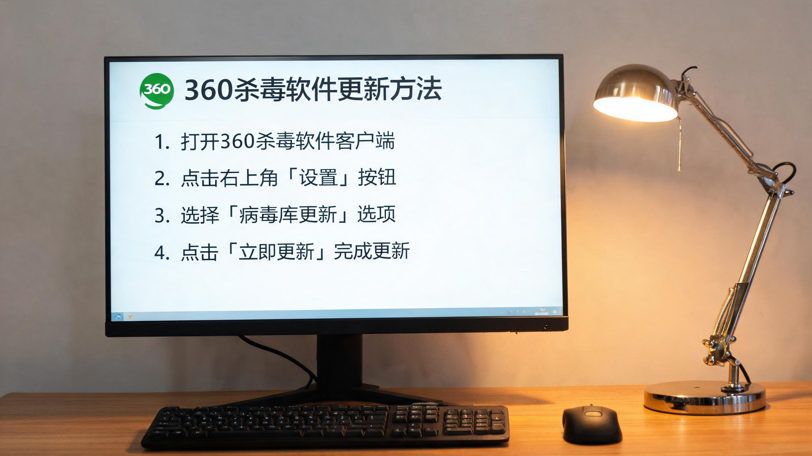 电脑桌上的电脑，屏幕显示360 杀毒软件更新方法界面，旁边放着台灯