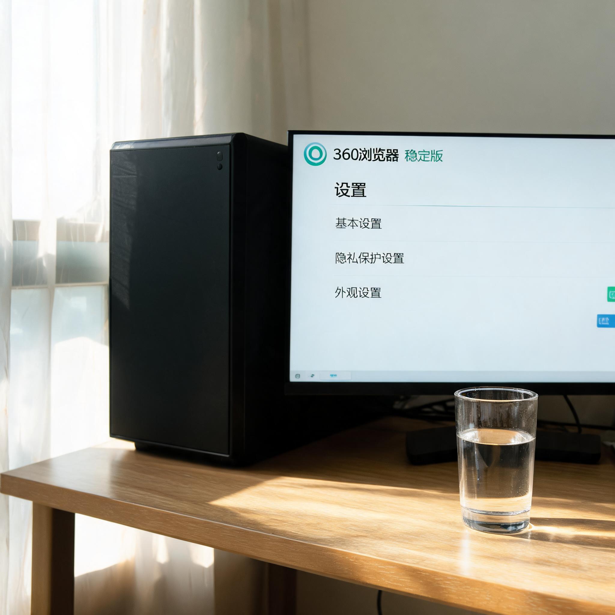 书桌上的主机，屏幕显示360 浏览器稳定版设置界面，桌角放着水杯，自然光
