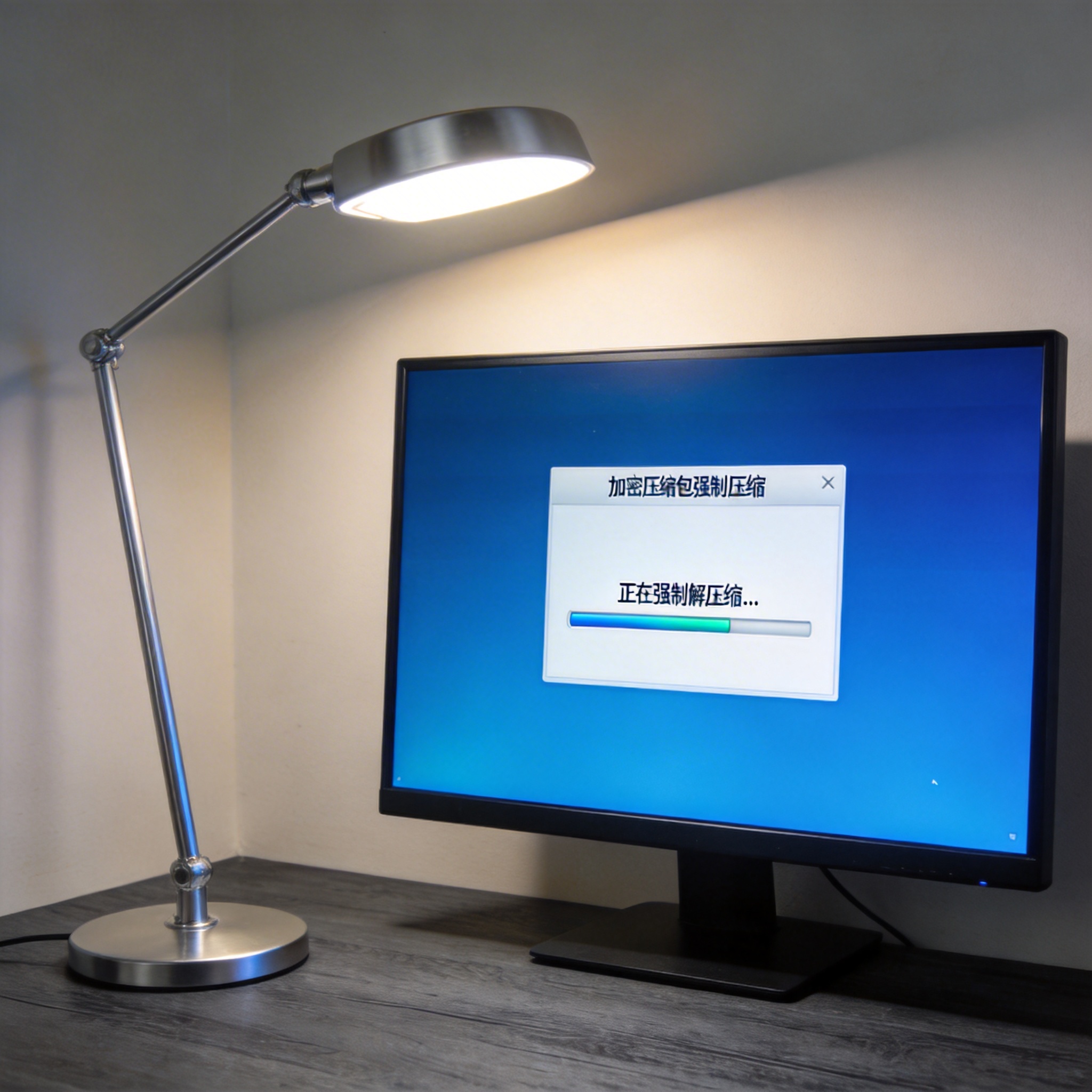 电脑桌上的电脑，屏幕显示加密压缩包强制解压缩界面，旁边放着台灯