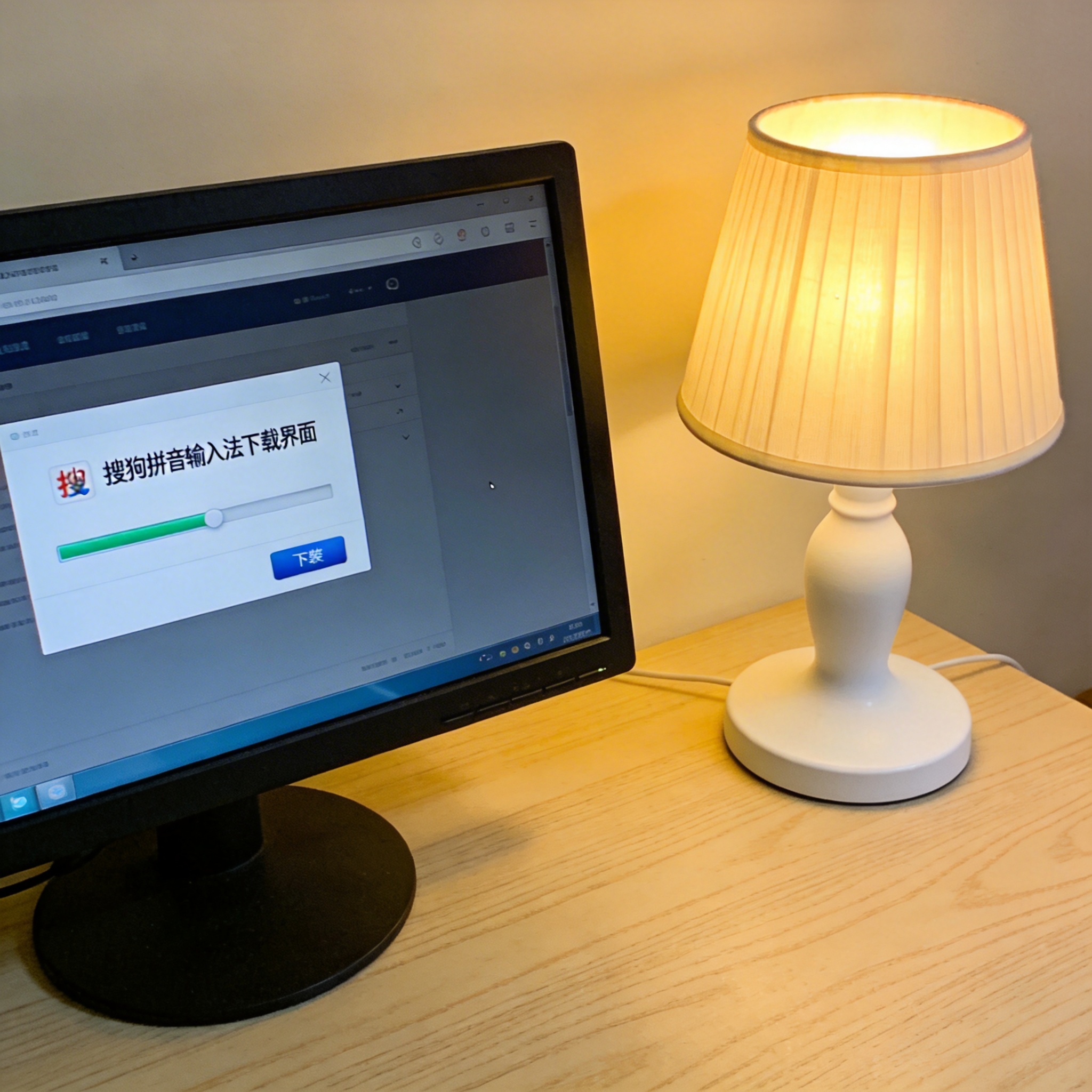 电脑桌上的电脑，屏幕显示搜狗拼音输入法下载界面，旁边放着台灯