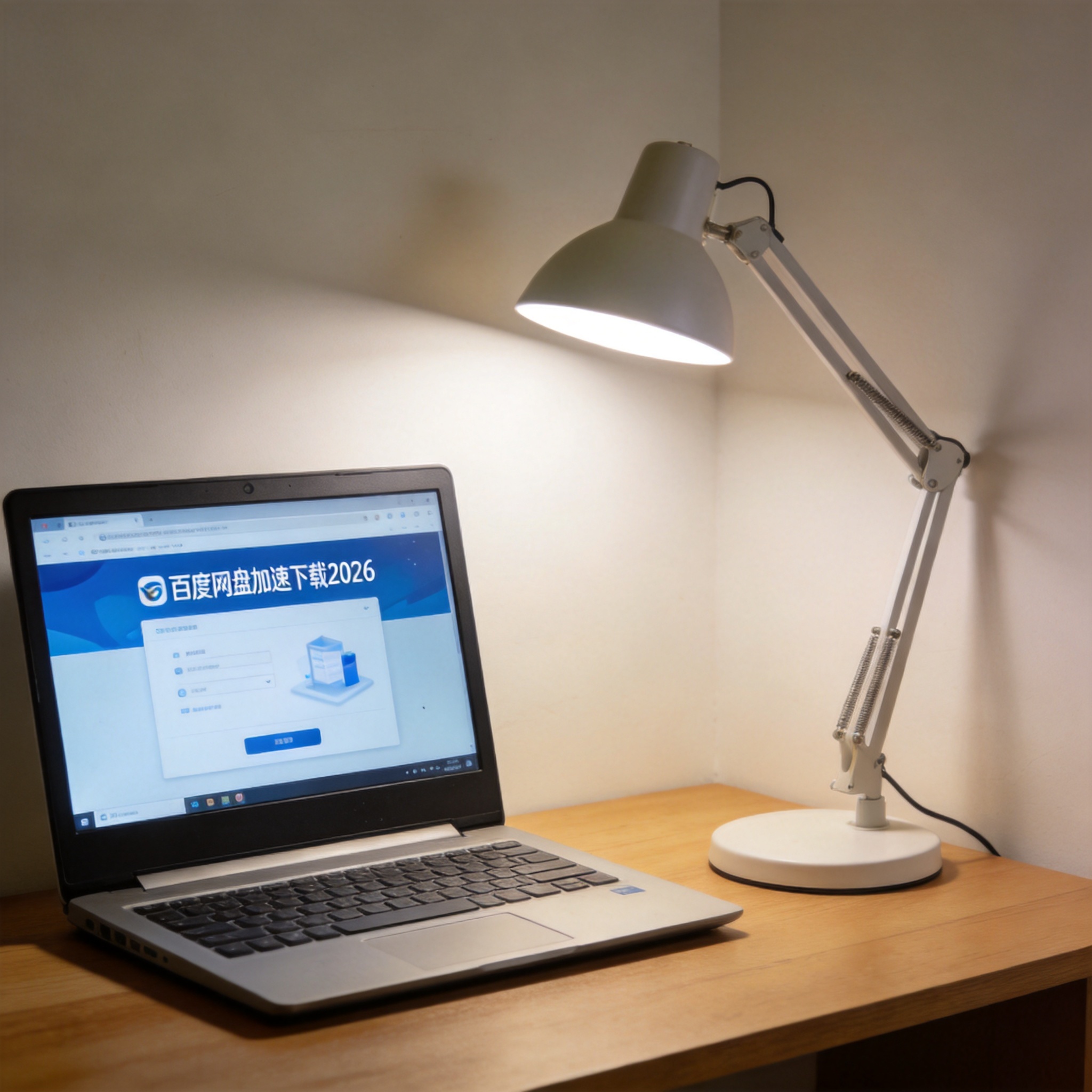 电脑桌上的电脑，屏幕显示百度网盘加速下载 2026界面，旁边放着台灯