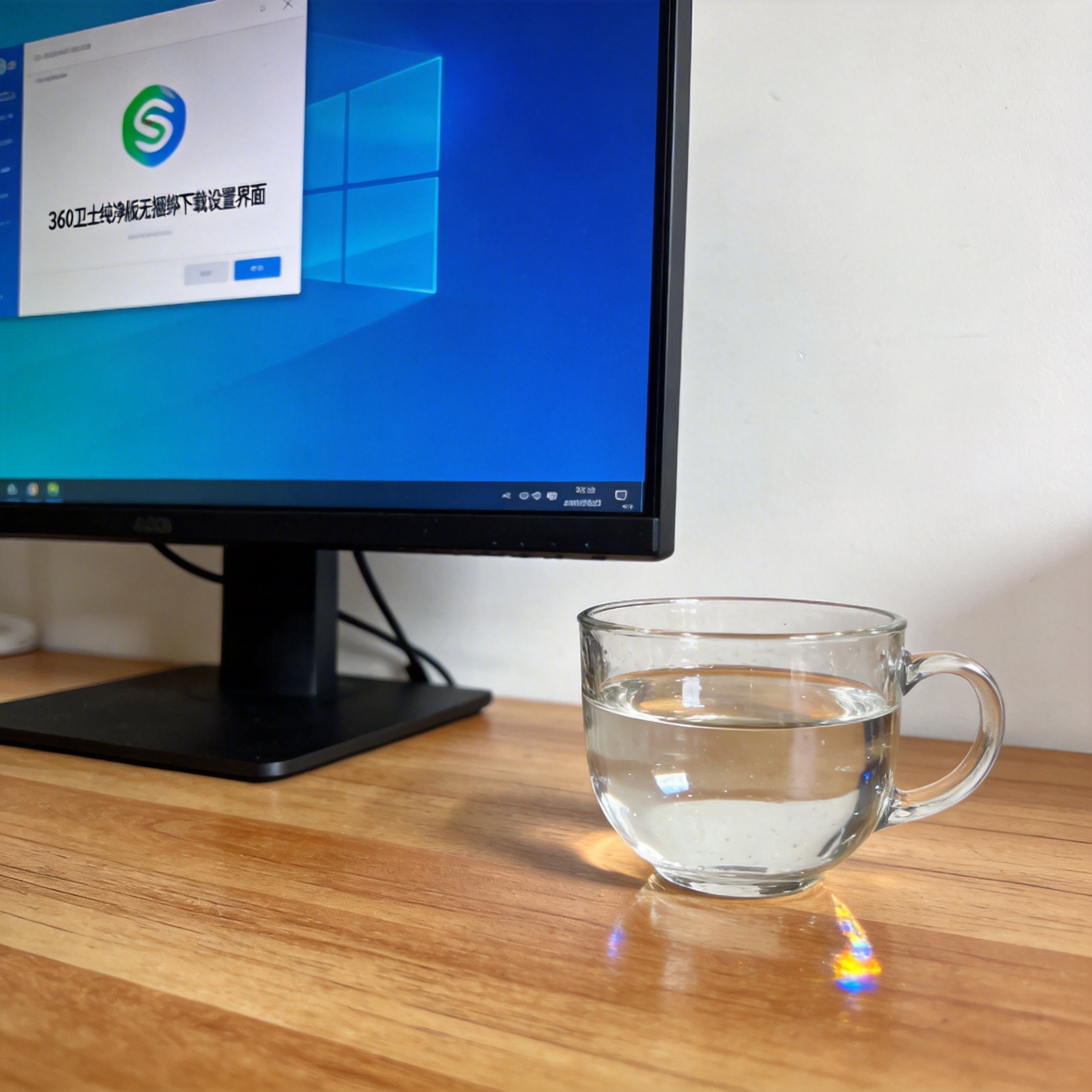 书桌上的主机，屏幕显示360 卫士纯净版无捆绑下载设置界面，桌角放着水杯，自然光
