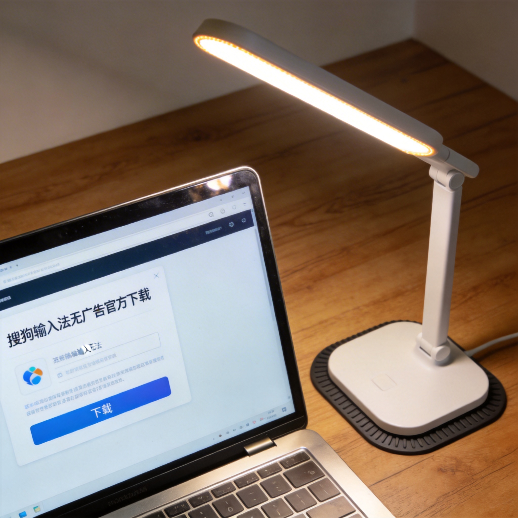 电脑桌上的电脑，屏幕显示搜狗输入法无广告官方下载界面，旁边放着台灯