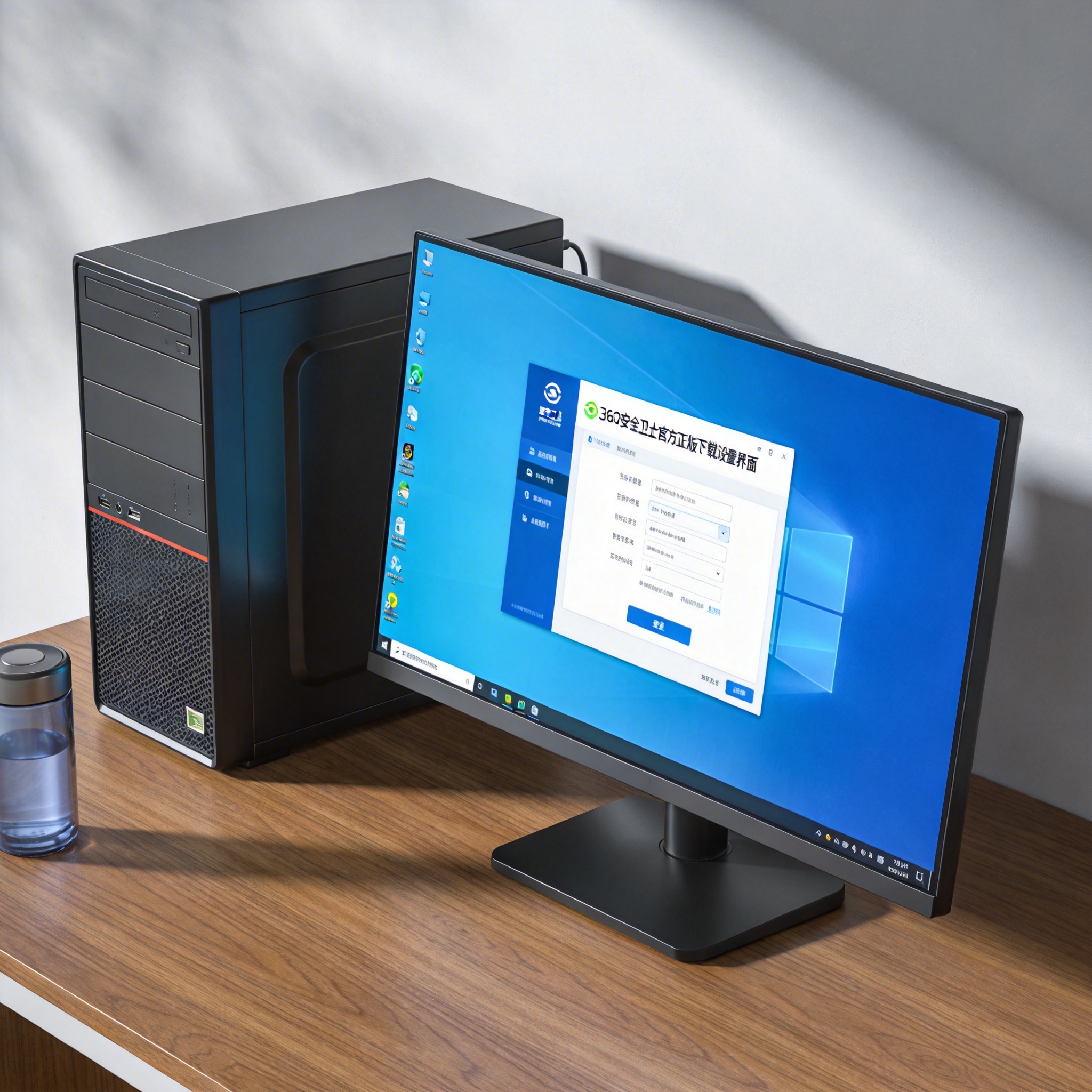 书桌上的主机，屏幕显示360 安全卫士官方正版下载设置界面，桌角放着水杯，自然光