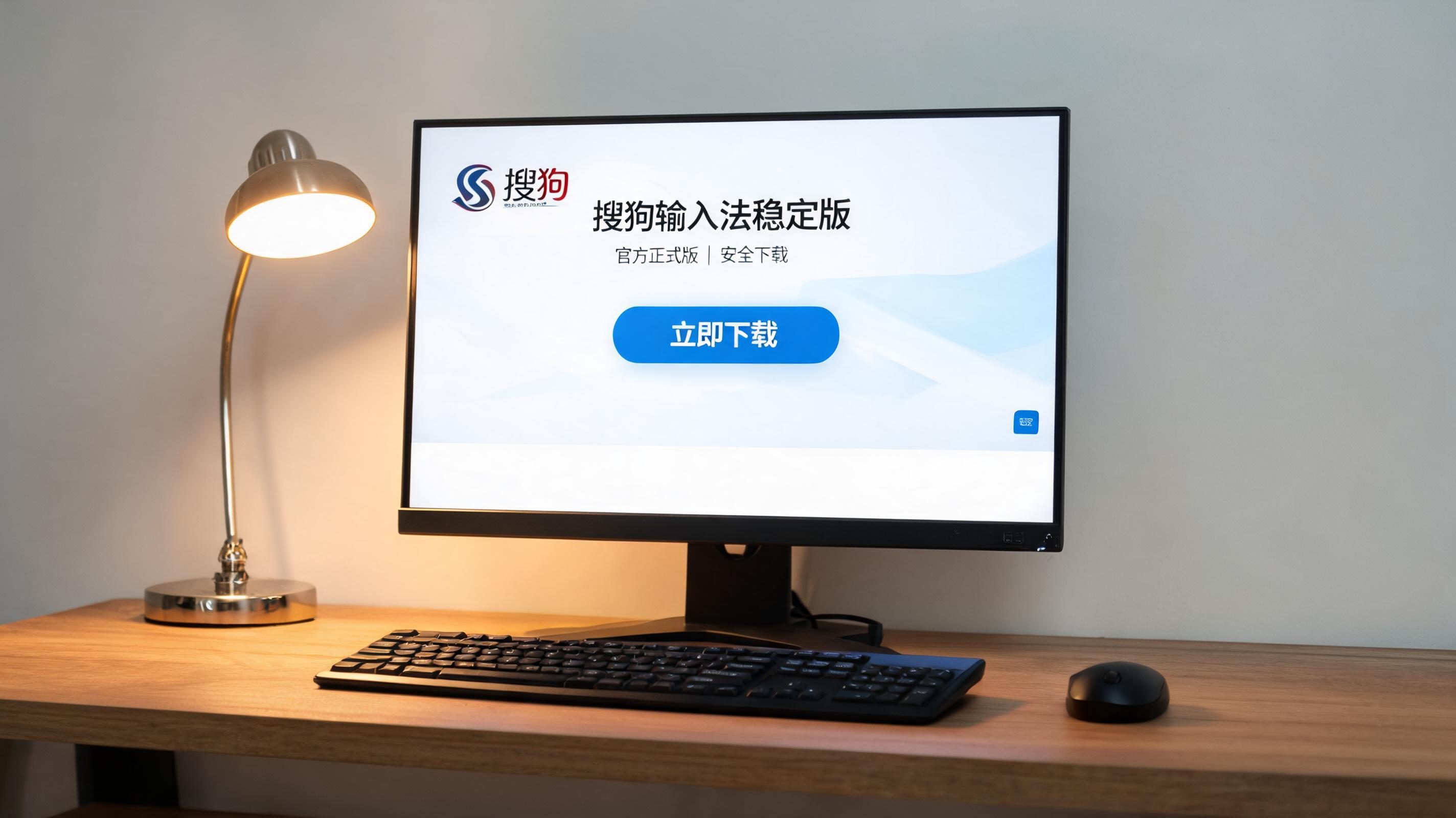 电脑桌上的电脑，屏幕显示搜狗输入法稳定版下载界面，旁边放着台灯