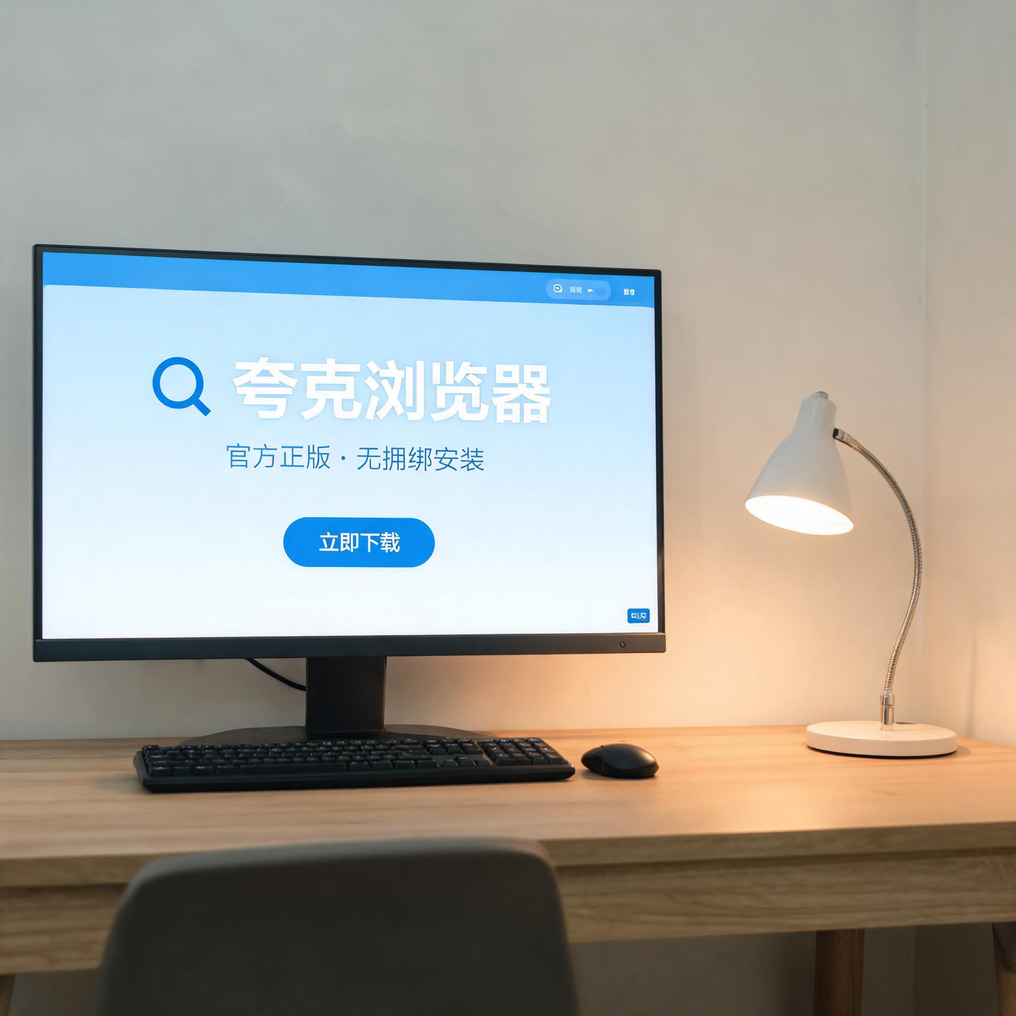电脑桌上的电脑，屏幕显示夸克浏览器官方正版无捆绑安装界面，旁边放着台灯
