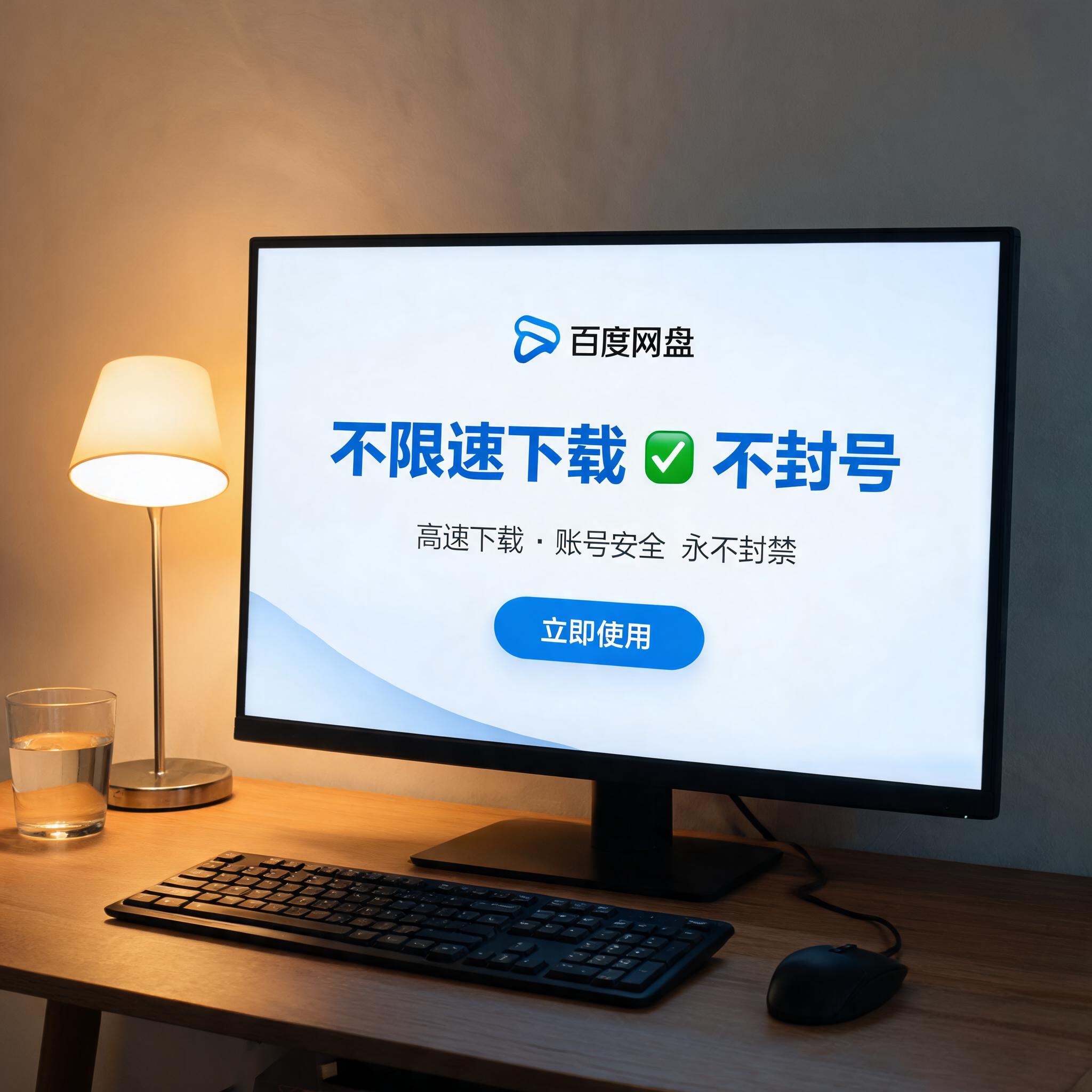 电脑桌上的电脑，屏幕显示百度网盘不限速下载不封号界面，旁边放着台灯