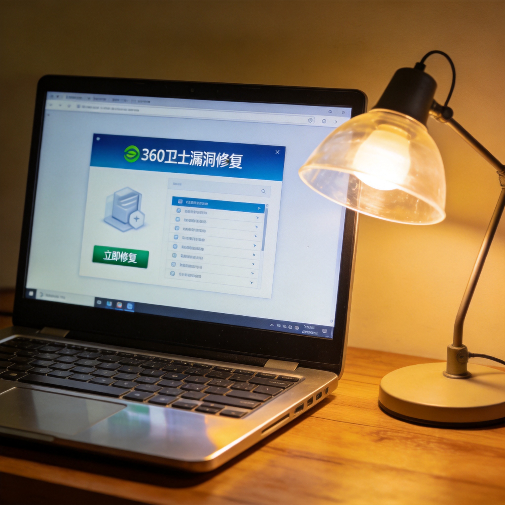 电脑桌上的电脑，屏幕显示360 卫士漏洞修复功能界面，旁边放着台灯