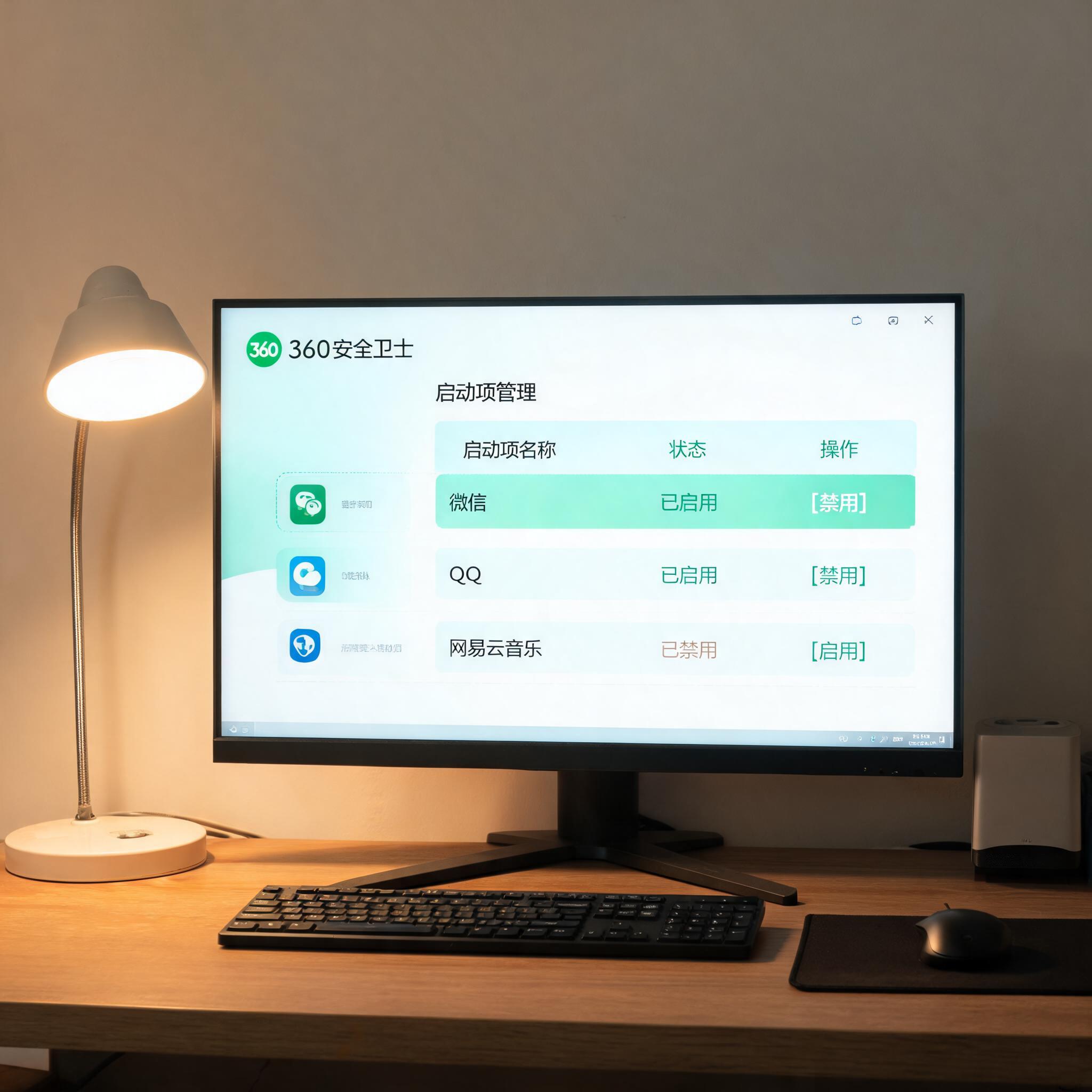 电脑桌上的电脑，屏幕显示360 卫士启动项管理启动项，旁边放着台灯