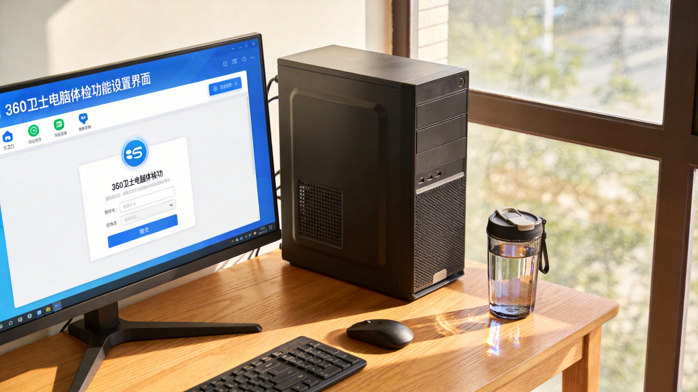 书桌上的主机，屏幕显示360 卫士电脑体检功能设置界面，桌角放着水杯，自然光