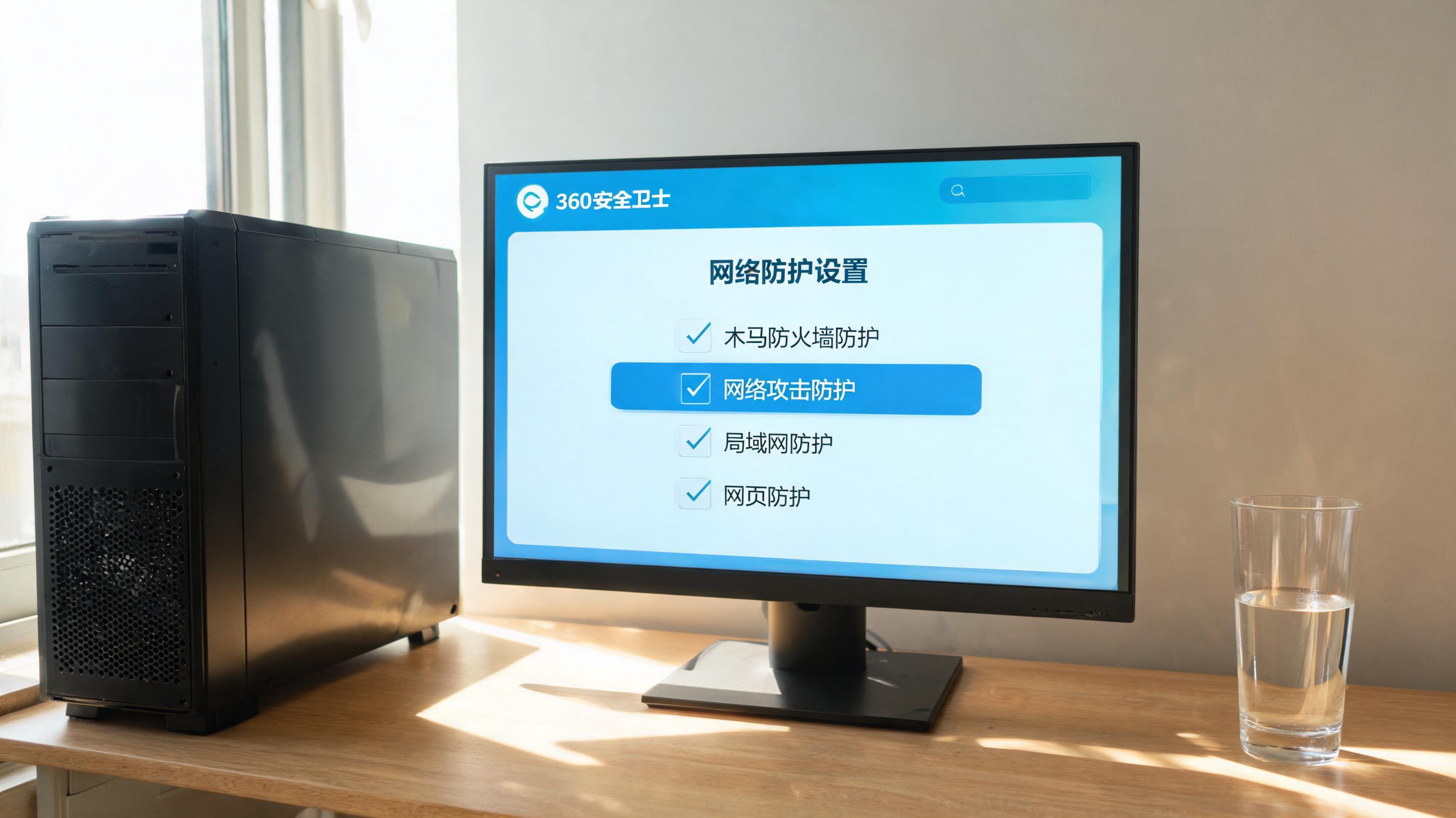 书桌上的主机，屏幕显示360 安全卫士网络防护设置界面，桌角放着水杯，自然光
