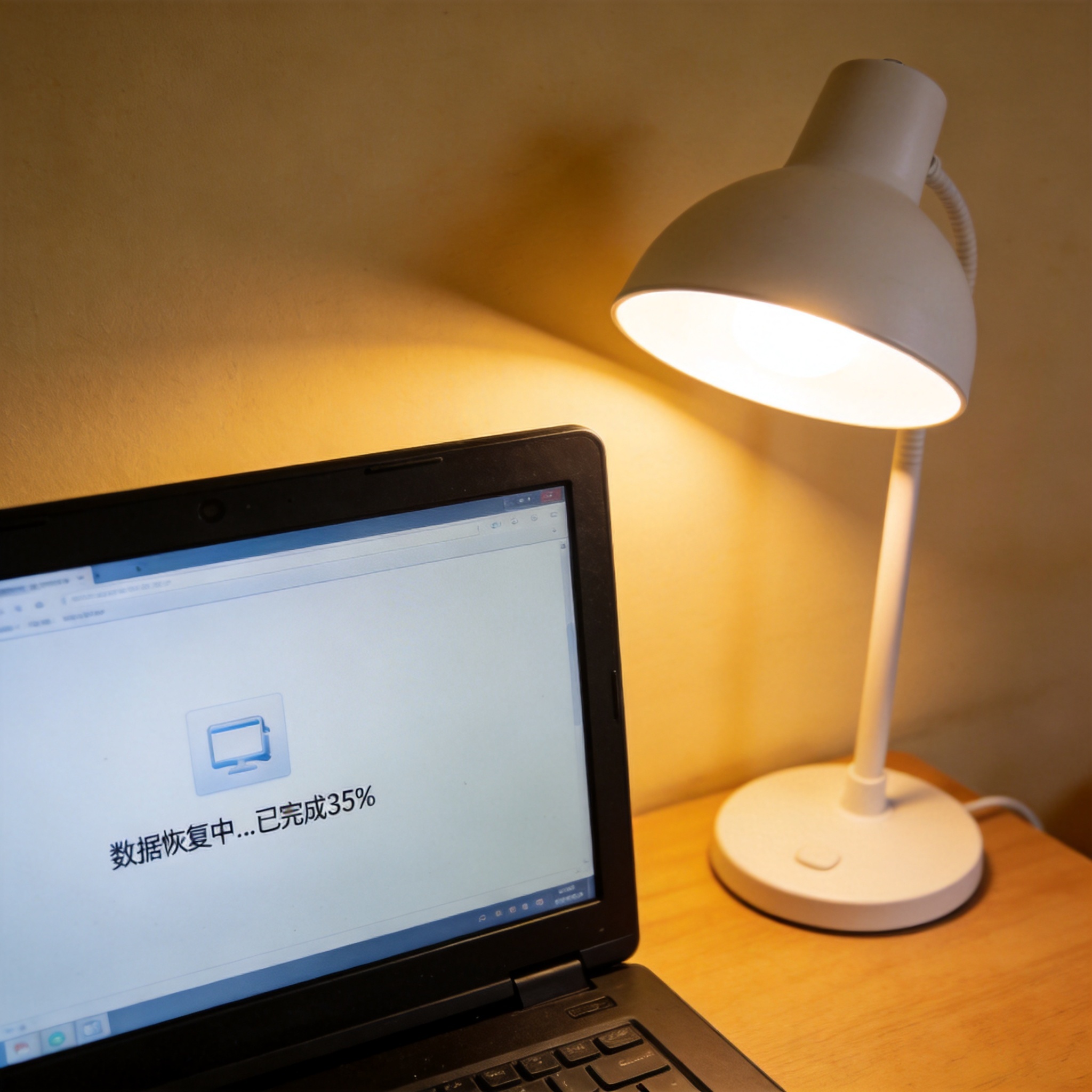电脑桌上的电脑，屏幕显示数据恢复界面，旁边放着台灯