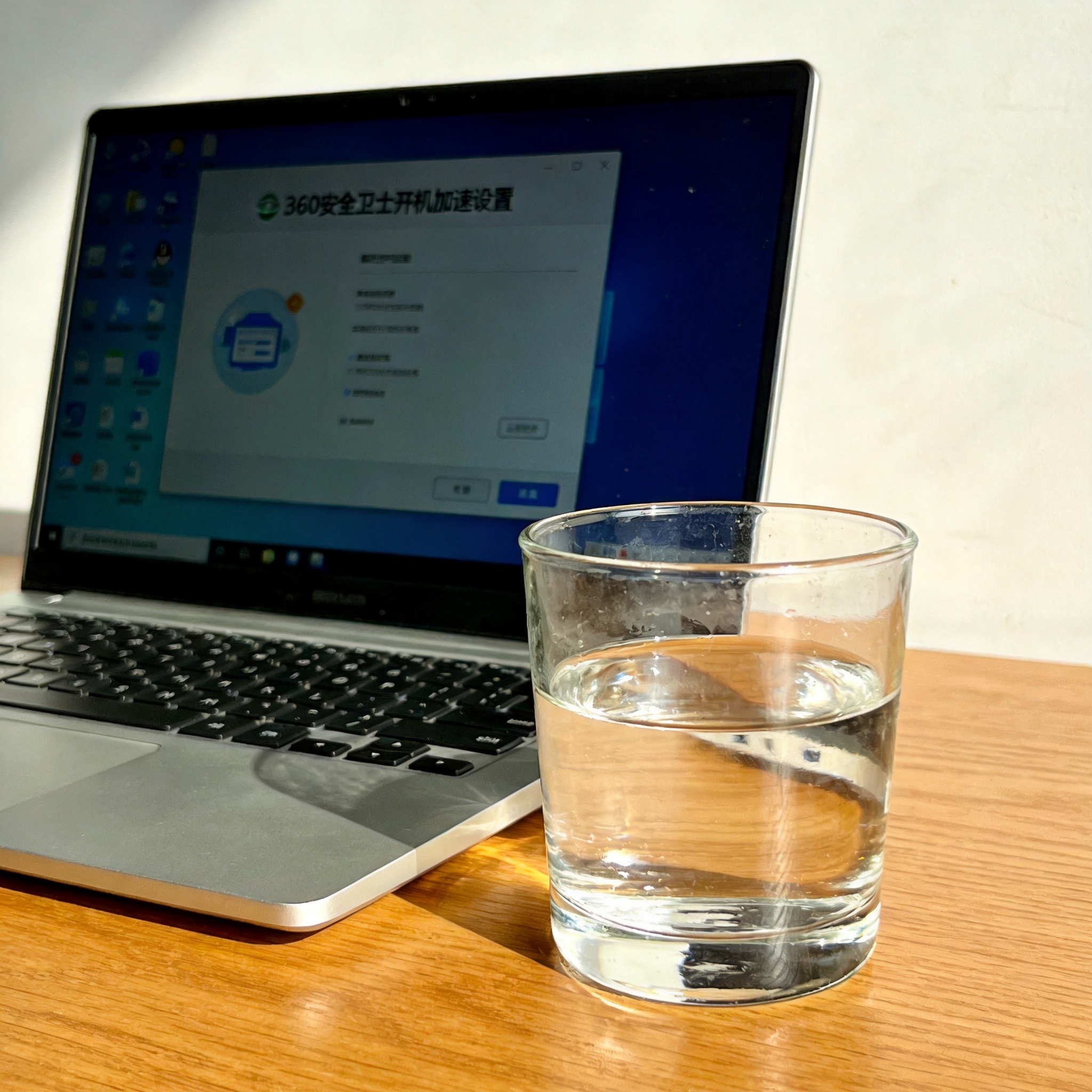 书桌上的笔记本，屏幕显示360 安全卫士开机加速设置设置界面，桌角放着水杯，自然光