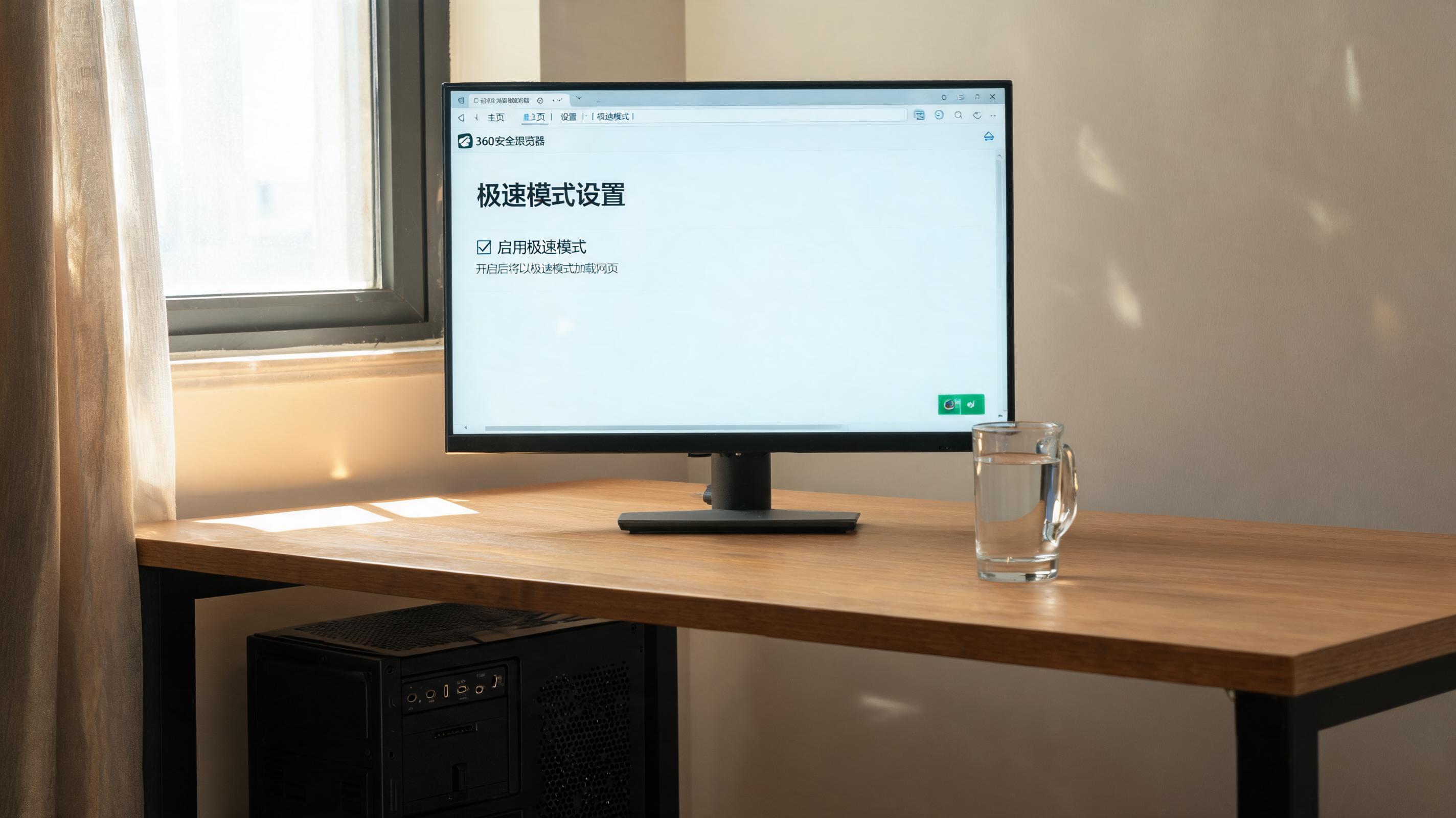 书桌上的主机，屏幕显示360 安全浏览器极速模式设置界面，桌角放着水杯，自然光
