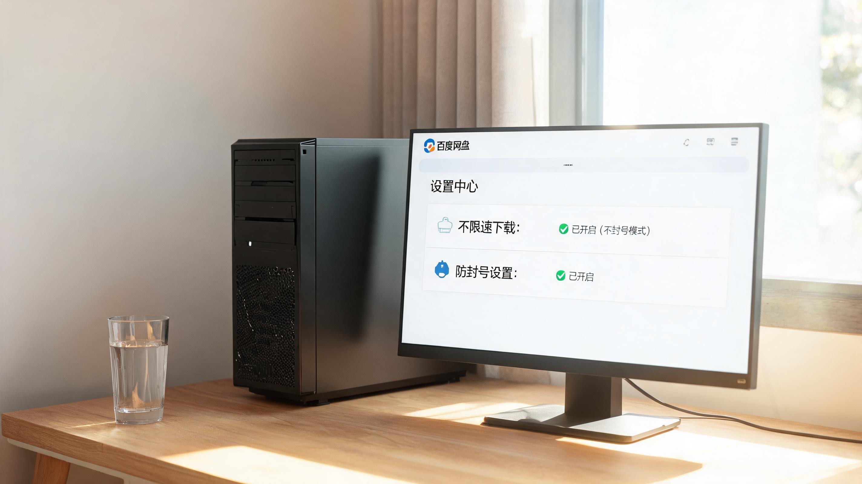 书桌上的主机，屏幕显示百度网盘不限速下载不封号设置界面，桌角放着水杯，自然光