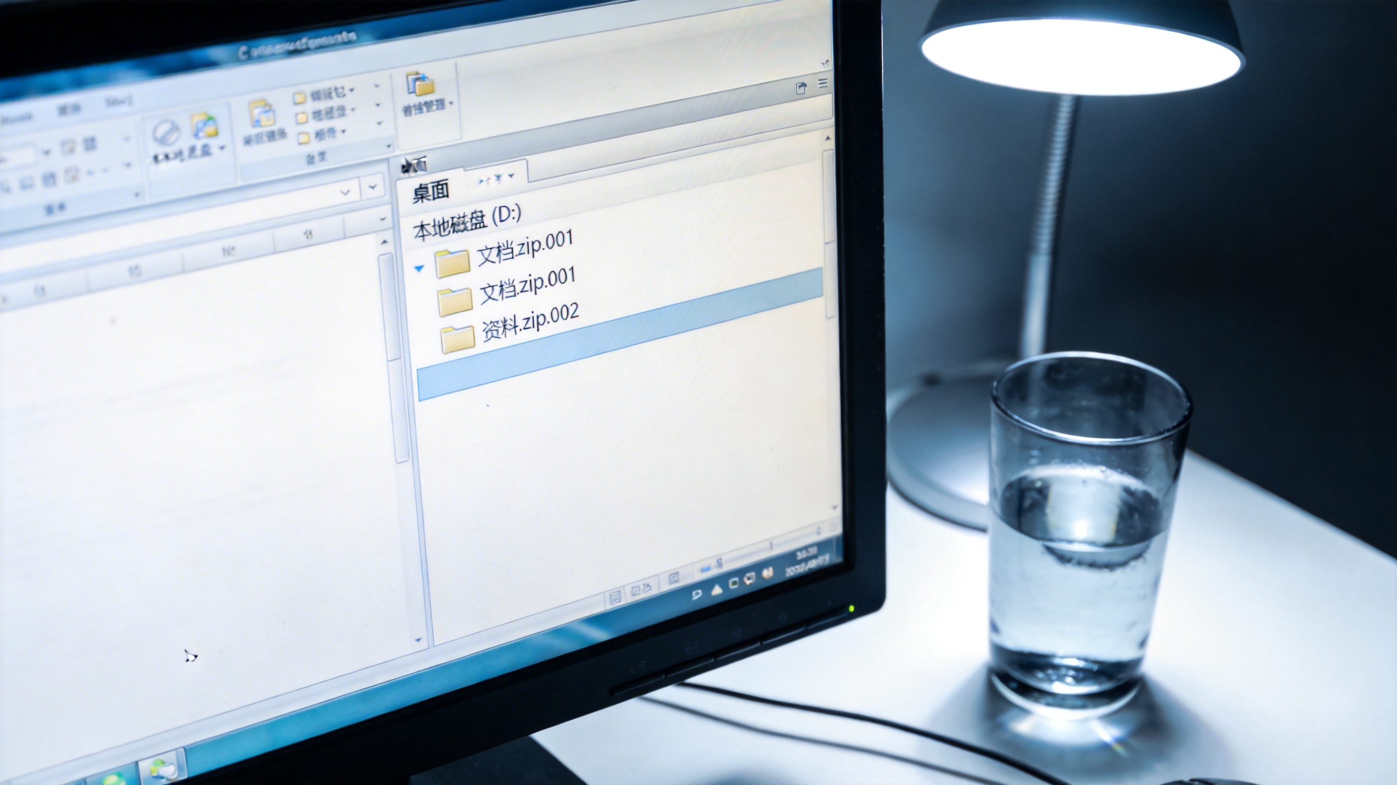 台式机屏幕显示文件资源管理器界面，D盘和桌面文件夹里各有zip分卷压缩包，旁边放着半透明水杯，台灯冷光