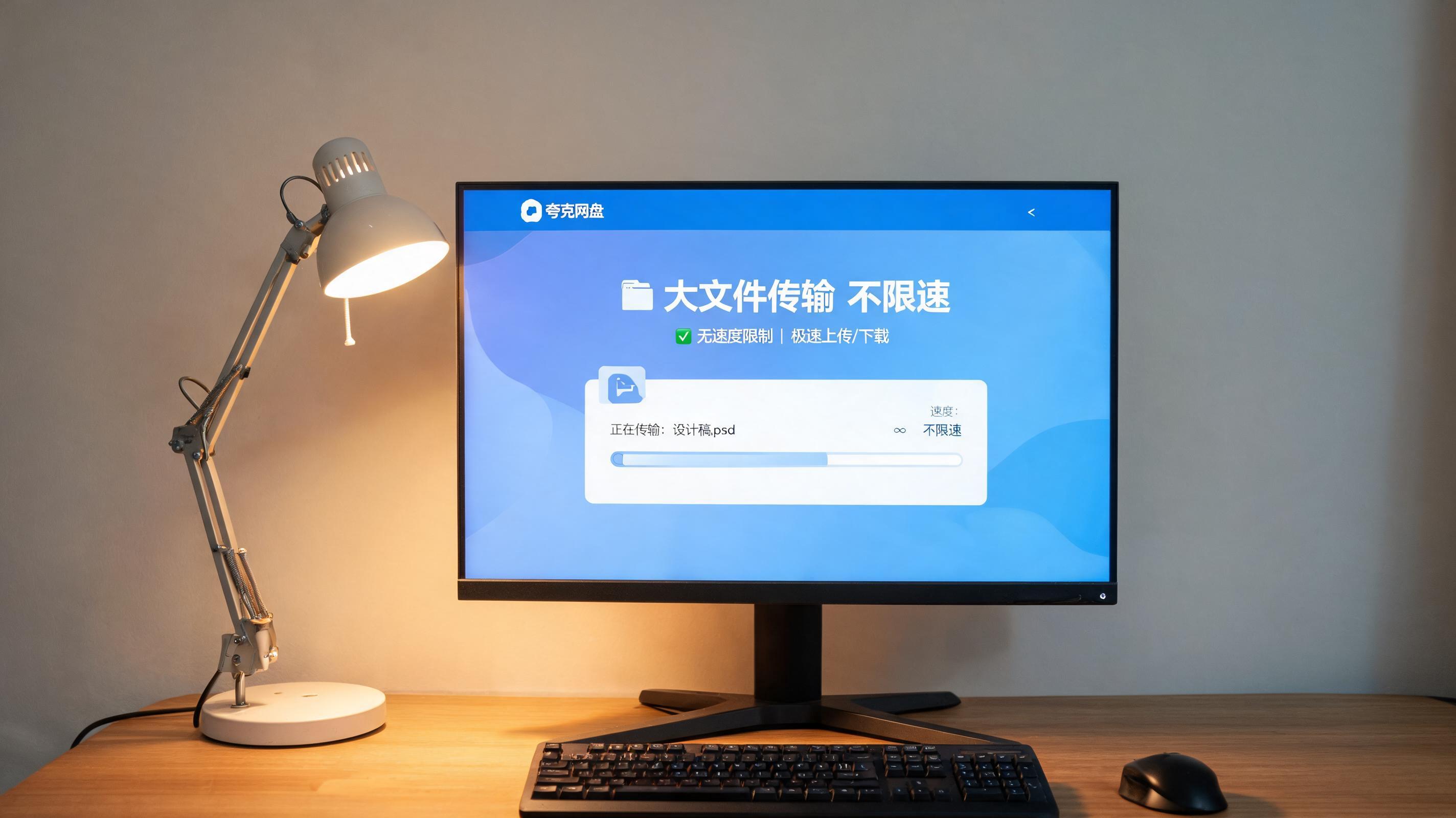 电脑桌上的电脑，屏幕显示夸克网盘大文件传输不限速界面，旁边放着台灯