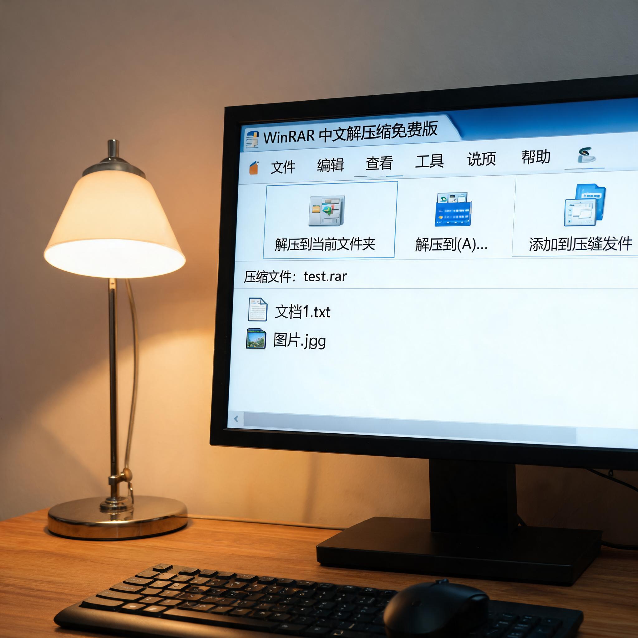 电脑桌上的电脑，屏幕显示winrar 中文解压缩免费版界面，旁边放着台灯