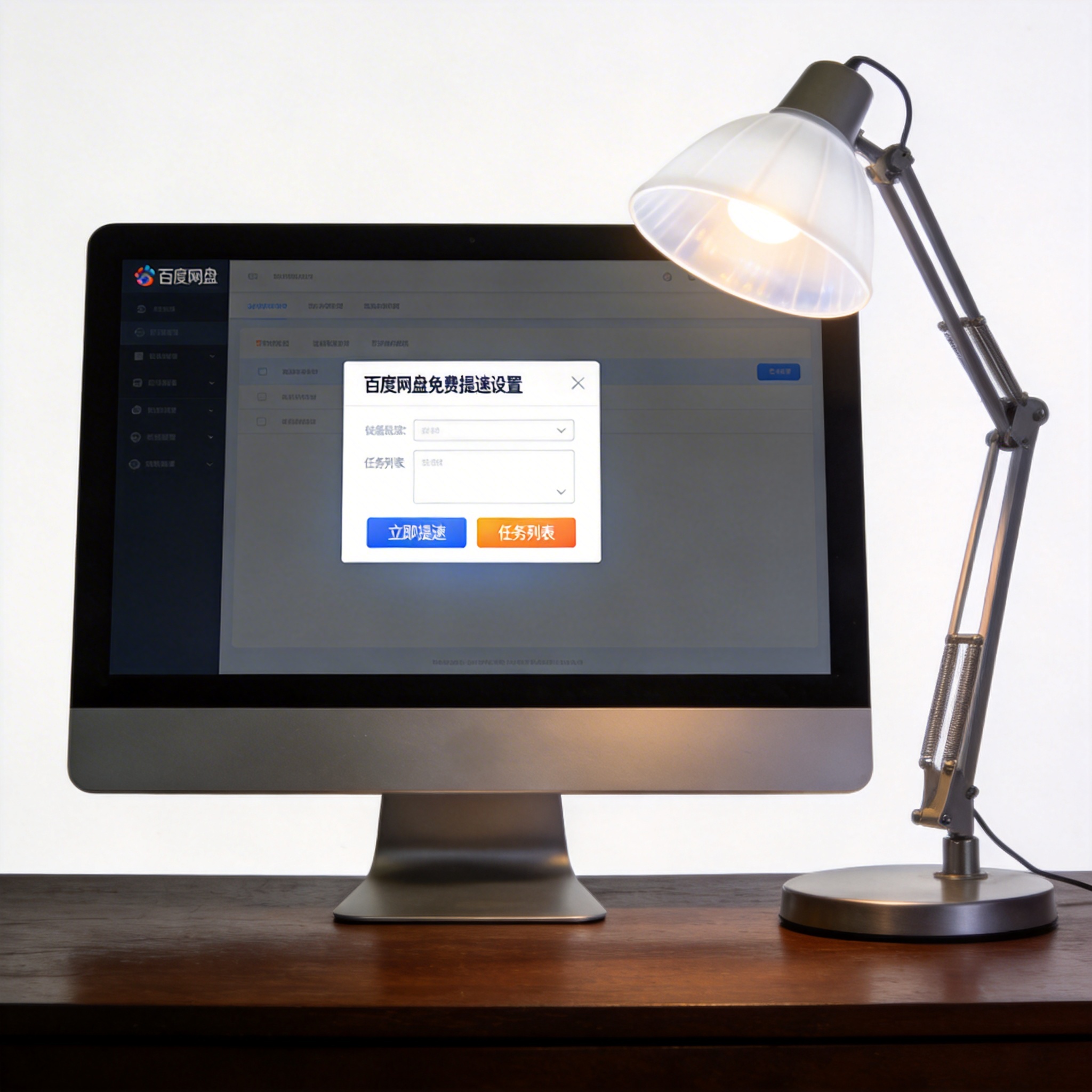 电脑桌上的电脑，屏幕显示百度网盘免费提速设置界面，旁边放着台灯