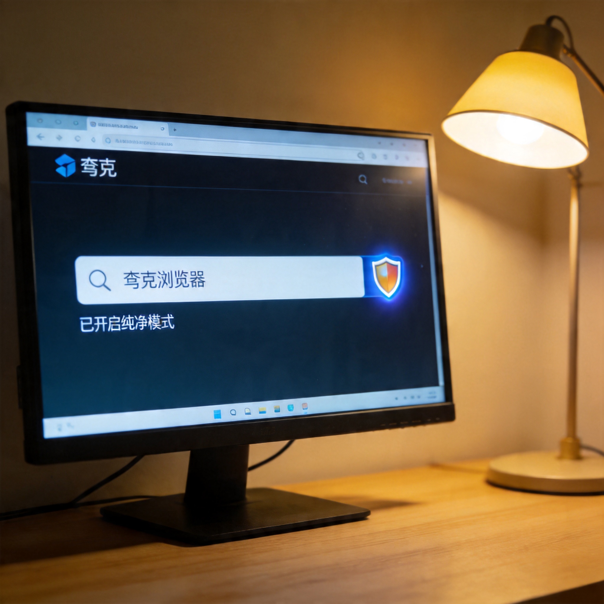 电脑屏幕显示夸克浏览器首页，搜索栏右侧的盾牌图标亮起，地址栏下方标注已开启纯净模式，旁边的桌面有一盏打开的台灯