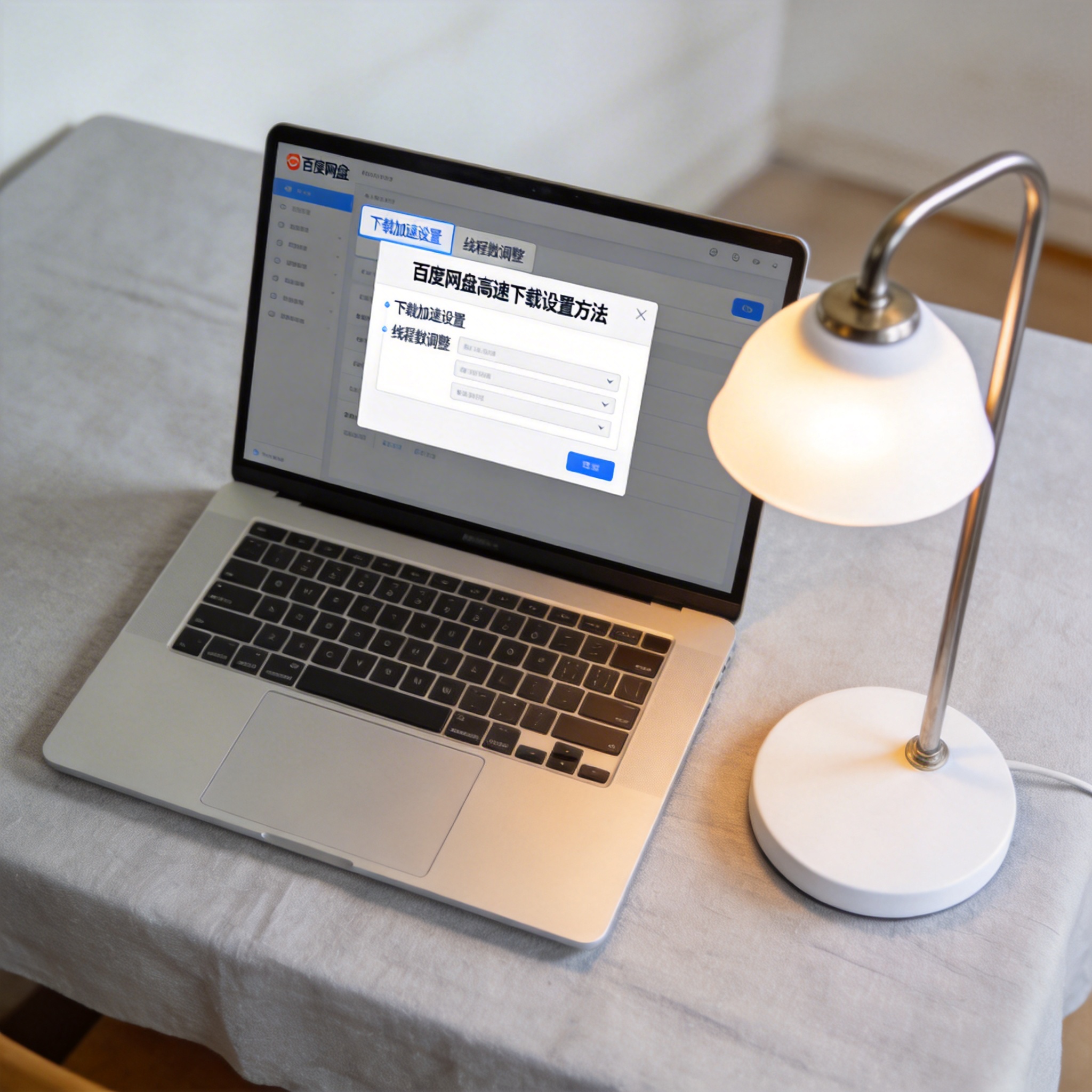电脑桌上的电脑，屏幕显示百度网盘高速下载设置方法界面，旁边放着台灯