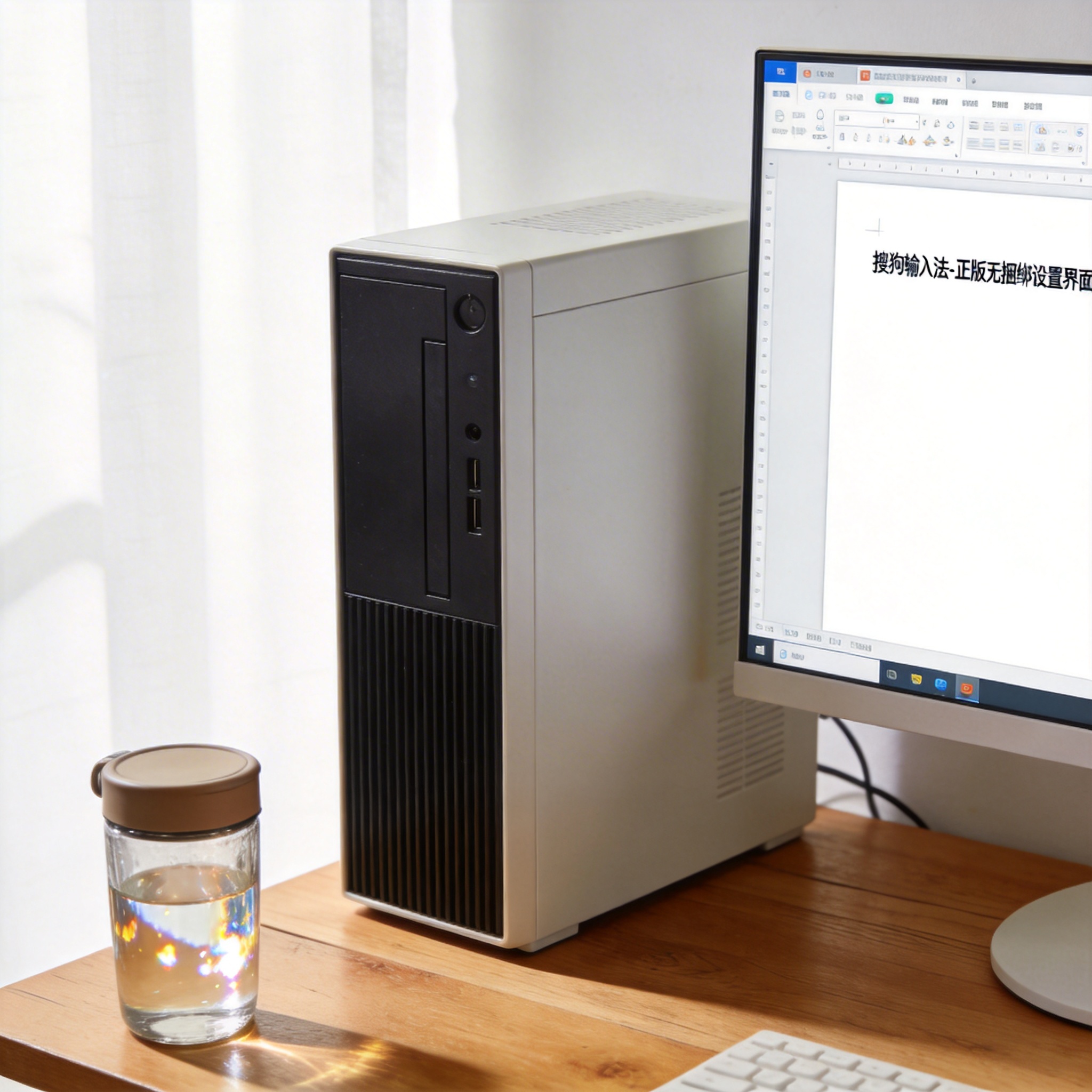 书桌上的主机，屏幕显示搜狗输入法正版无捆绑设置界面，桌角放着水杯，自然光
