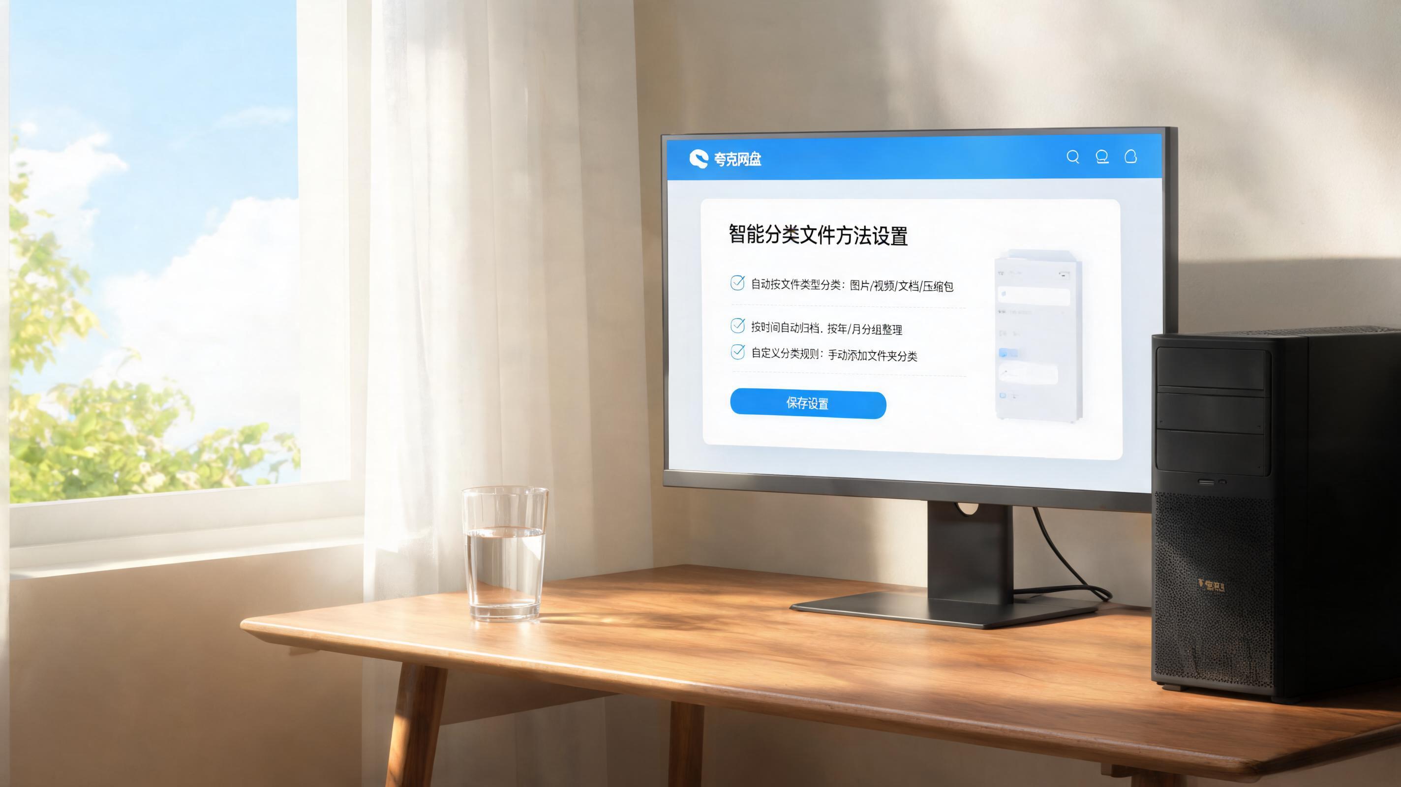 书桌上的主机，屏幕显示夸克网盘智能分类文件方法设置界面，桌角放着水杯，自然光