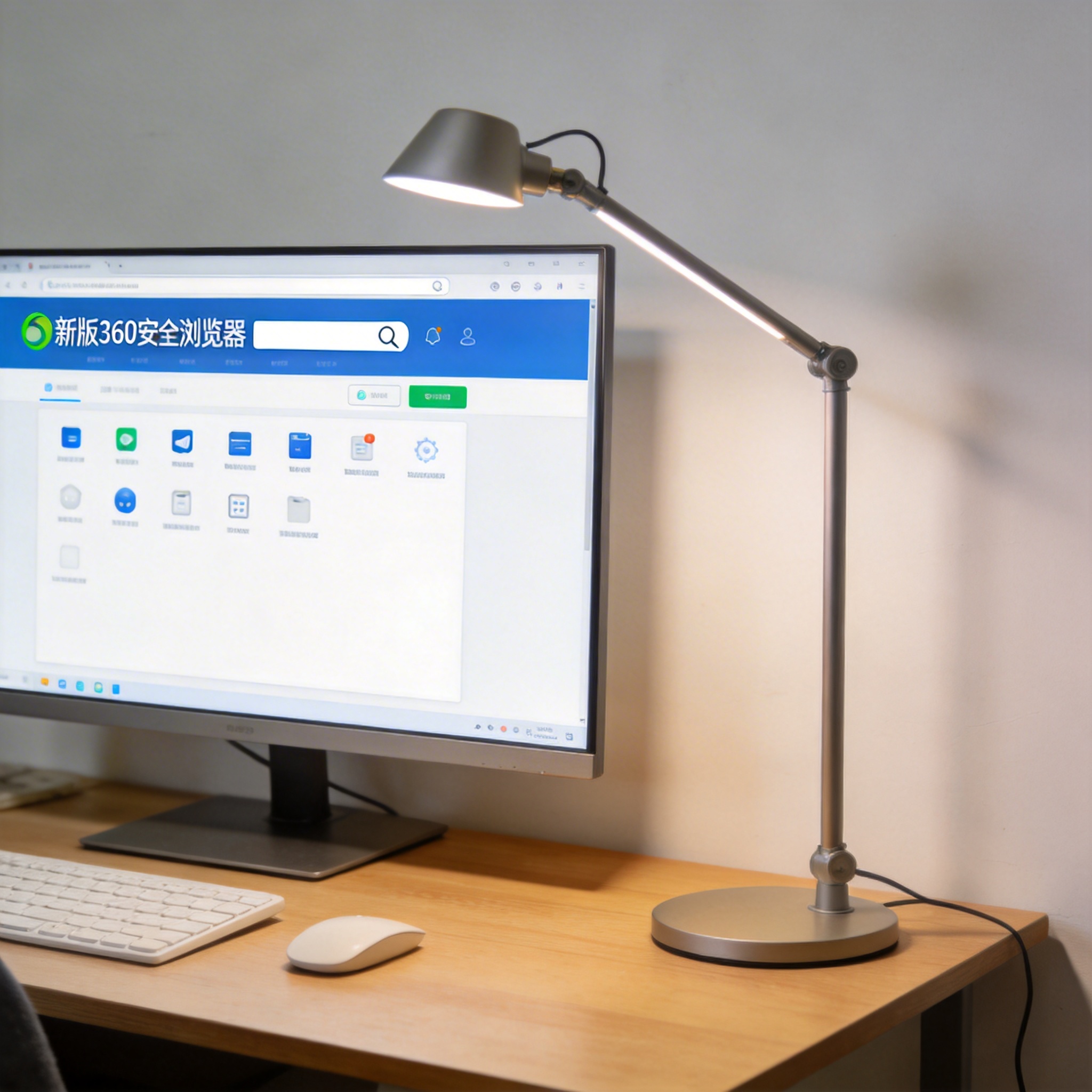 电脑桌上的电脑，屏幕显示新版 360 安全浏览器界面，旁边放着台灯