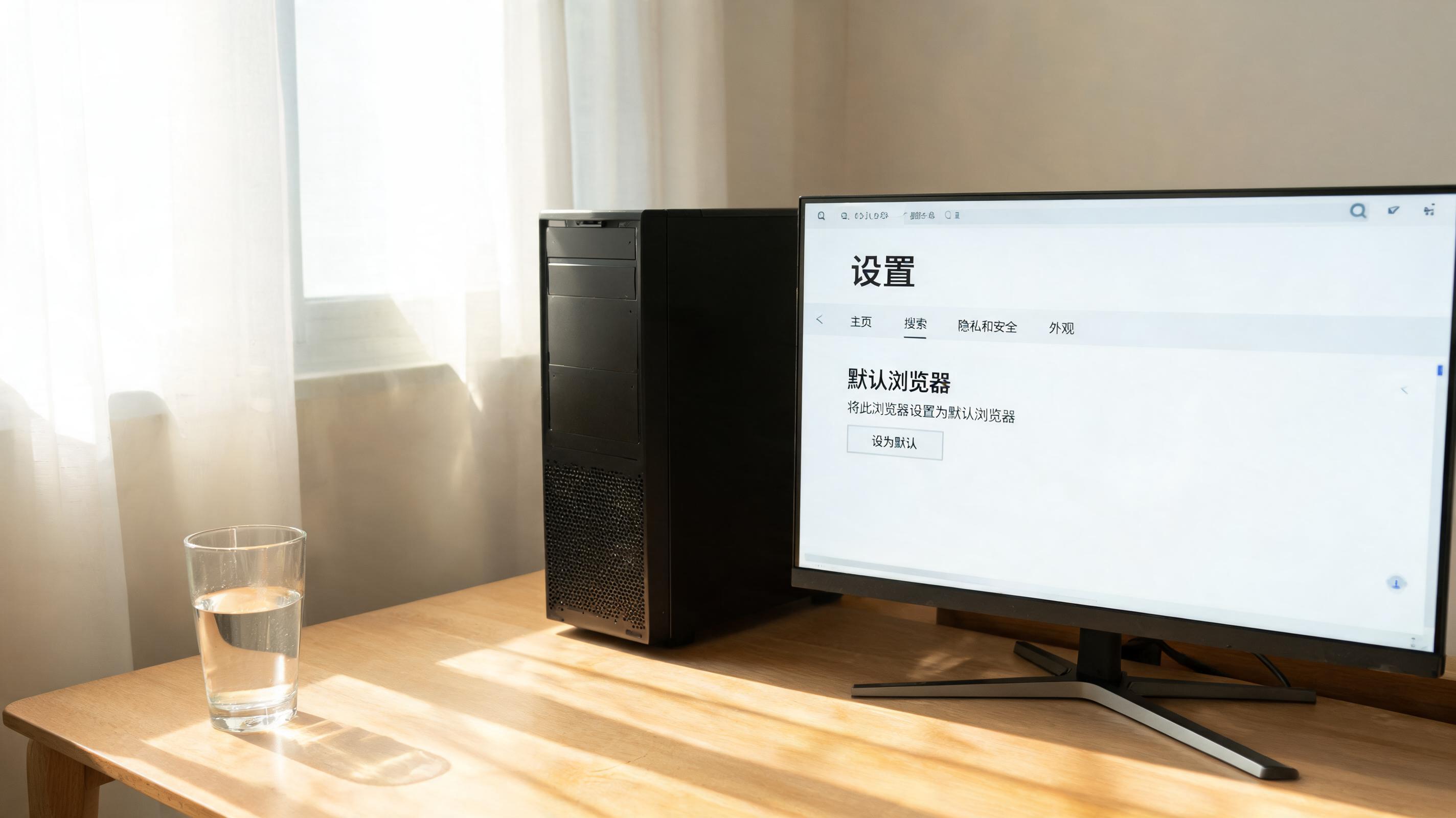 书桌上的主机，屏幕显示浏览器设置界面，桌角放着水杯，自然光
