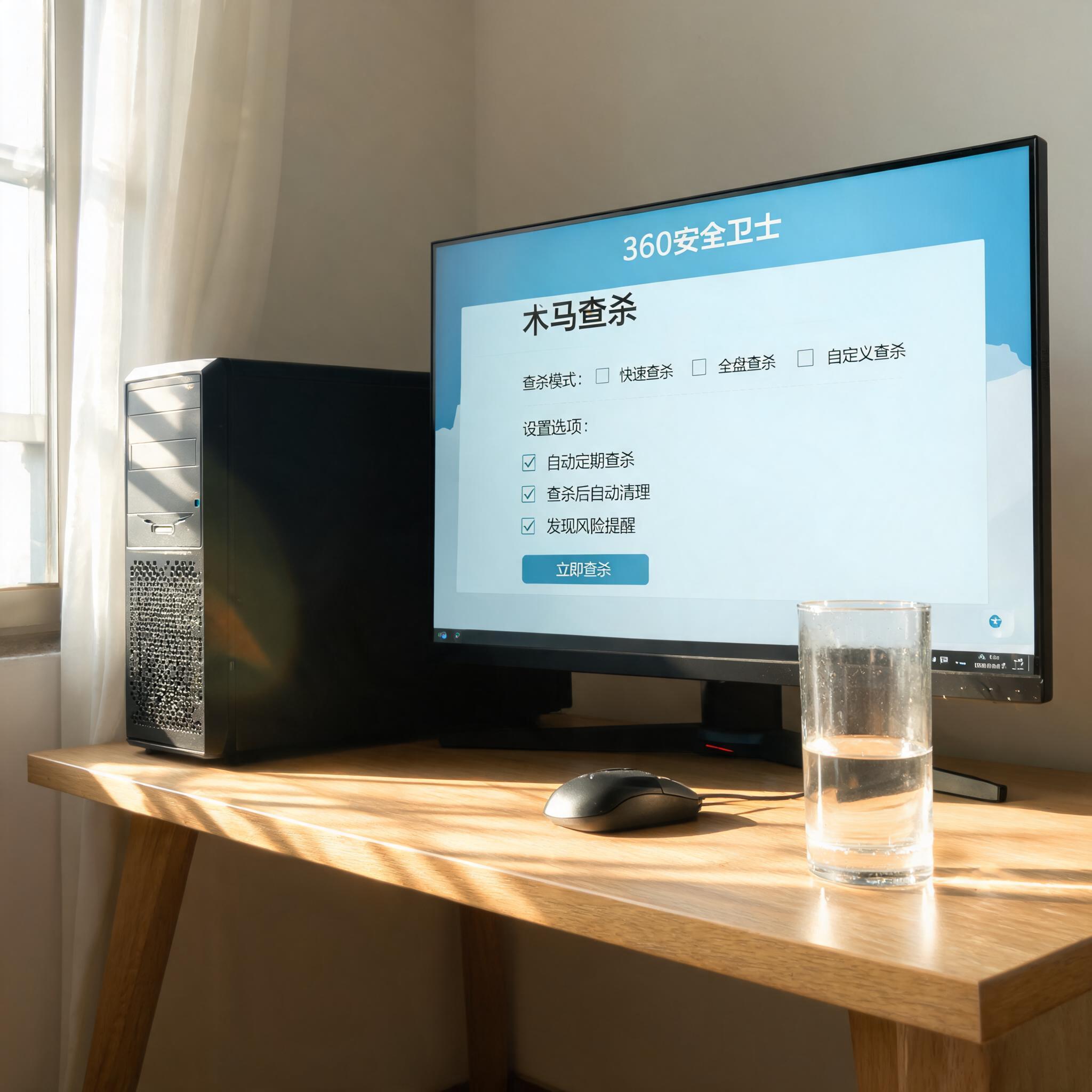 书桌上的主机，屏幕显示360 安全卫士木马查杀设置界面，桌角放着水杯，自然光