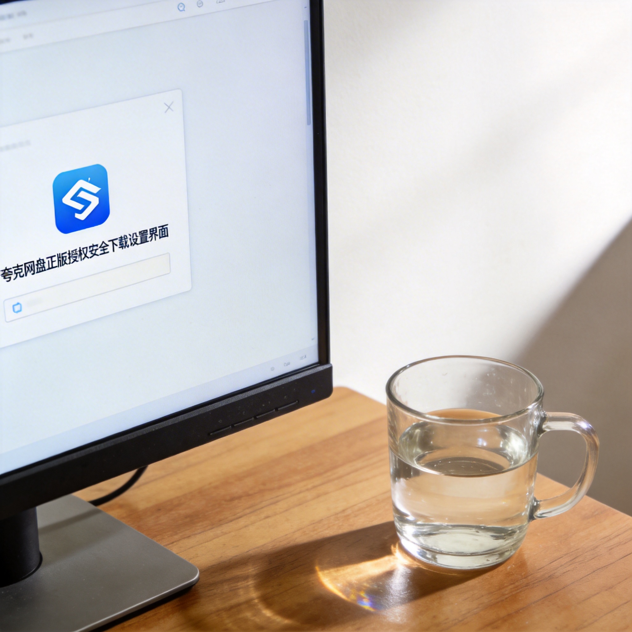 书桌上的主机，屏幕显示夸克网盘正版授权安全下载设置界面，桌角放着水杯，自然光